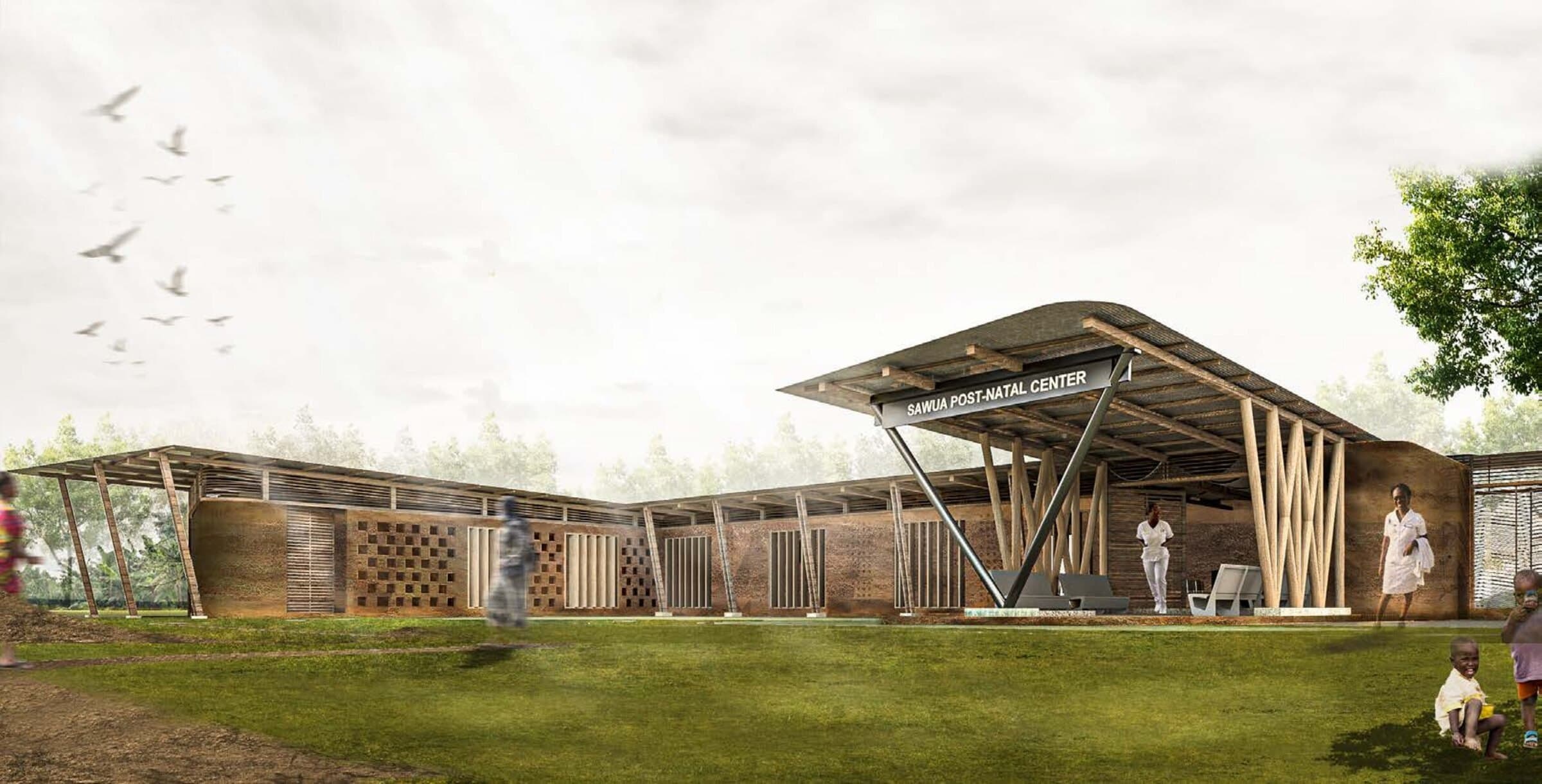 Exterior rendering of Asaase from across its lawn, birds in flight above a brick-screened facade and a canopy roof.