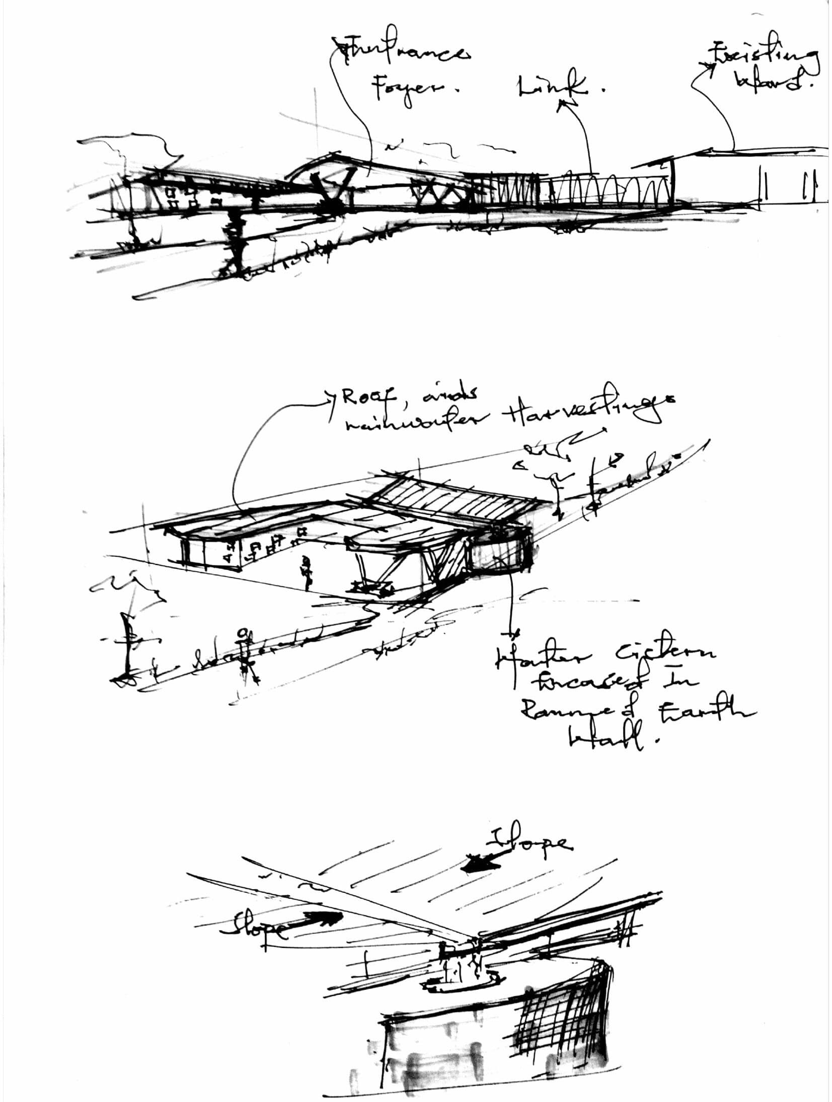 Hand sketches studying the facility's canopy roof, section, and passive ventilation strategy.