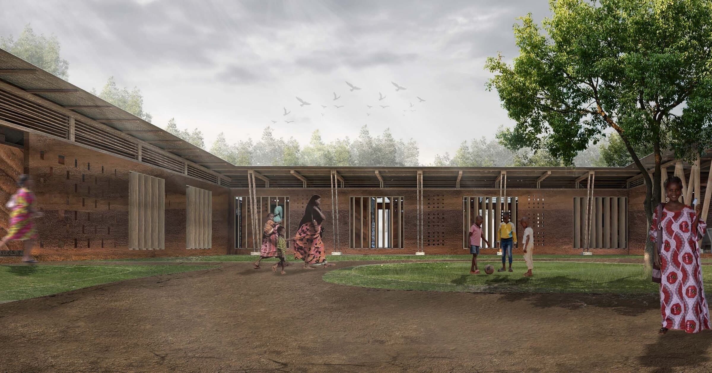 Exterior courtyard rendering of Asaase, a low brick and timber building with people in patterned clothing crossing the lawn in the foreground.