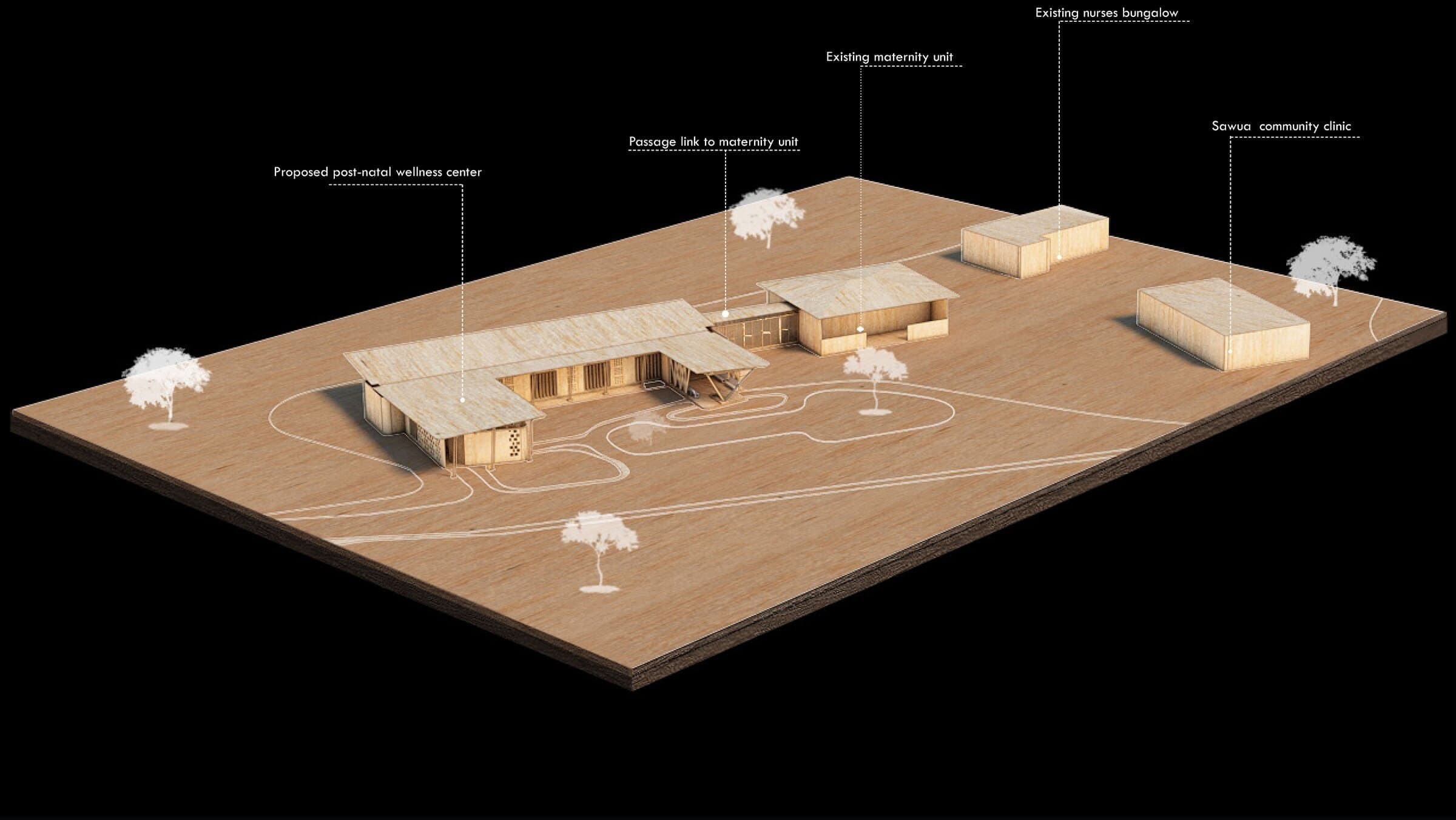 Physical site model of Asaase, small pavilion volumes arranged around a shaded courtyard on a plywood base, annotated with proposed and existing structures.
