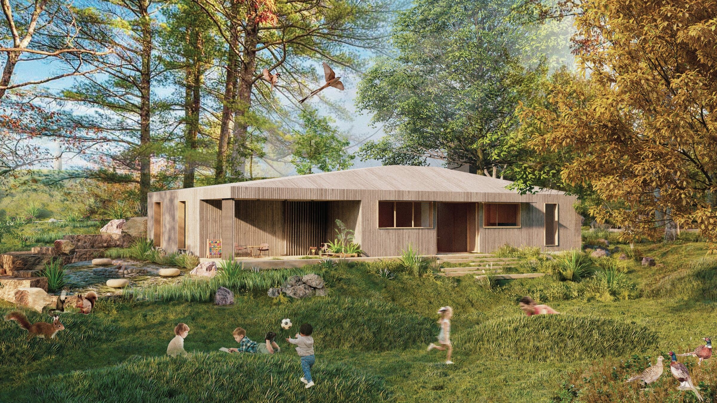 Exterior rendering of Hill House, a single-story timber-clad residence set into a wooded hillside, with children playing on the surrounding lawn and a small stream in the foreground.