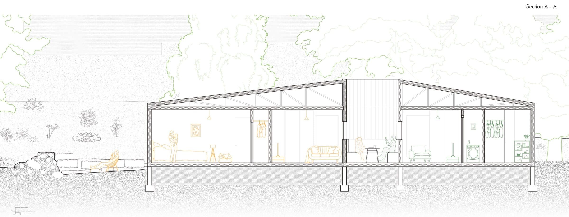 Long building section of Hill House cut through both volumes, showing timber roof framing and interior rooms opening to the landscape on either side.