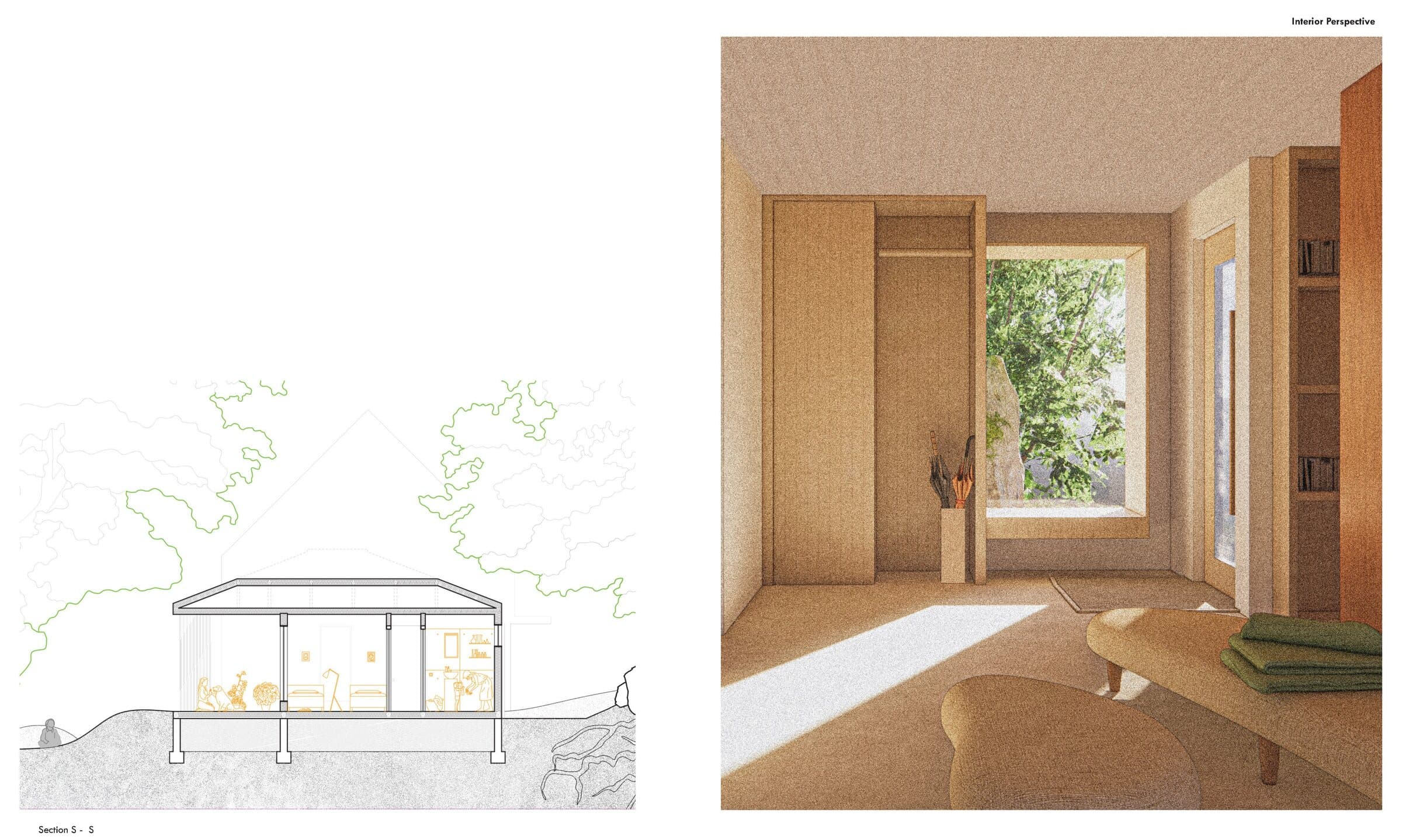 Interior perspective of Hill House, warm timber cabinetry and a doorway opening onto a stone-edged garden beyond.