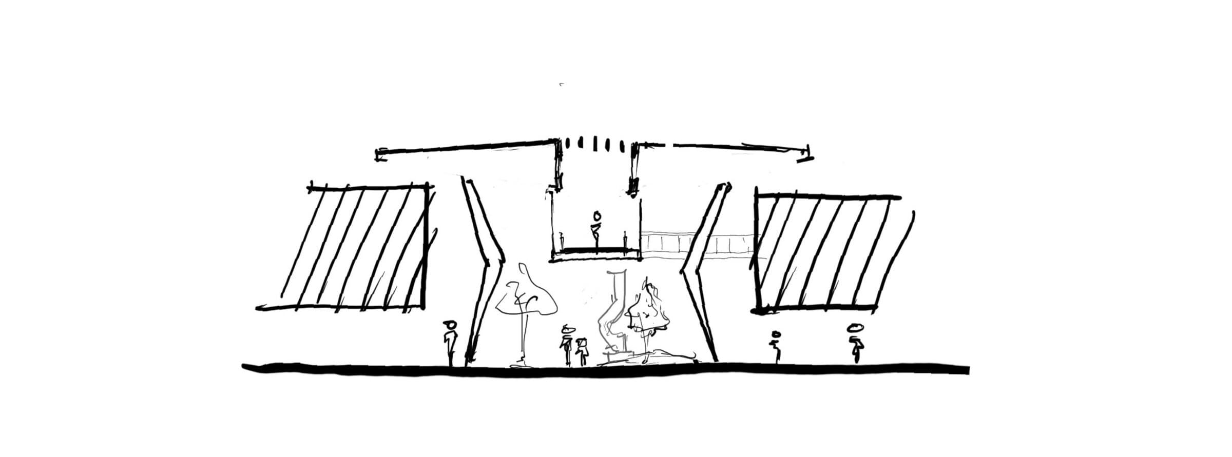 Hand sketch of the terminal's pavilion in section, a folded canopy roof flanked by angled screens, with figures for scale.
