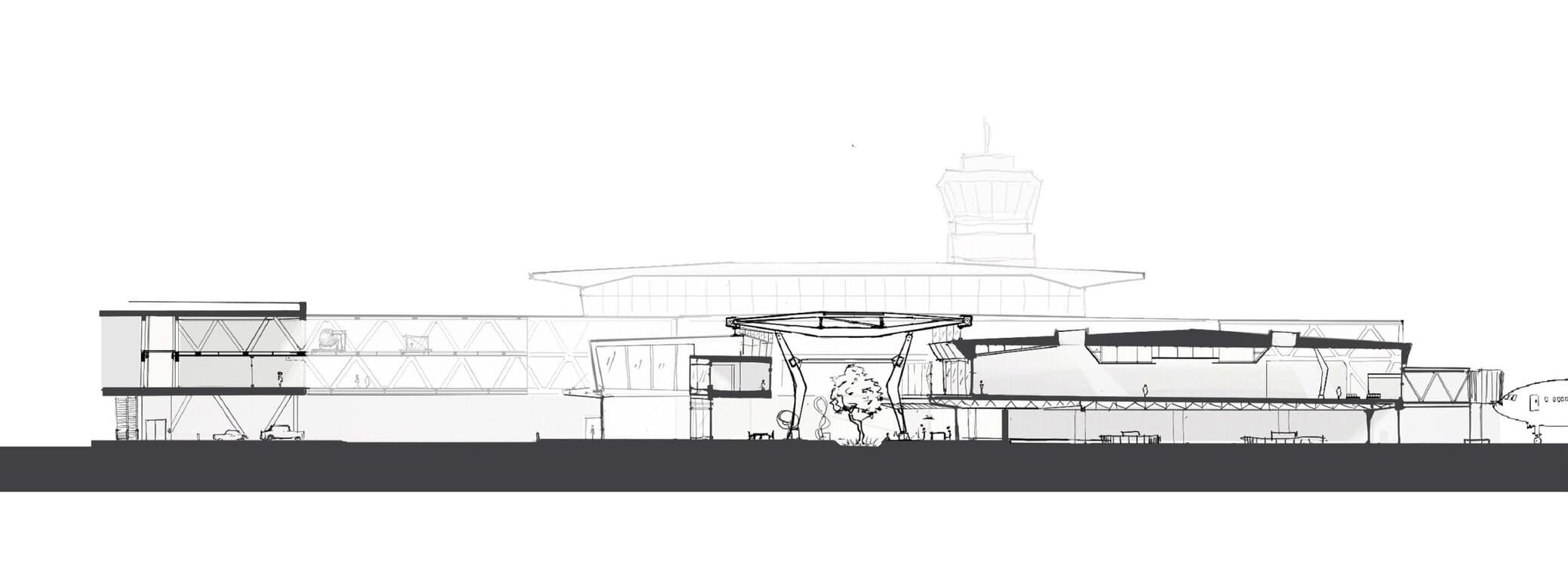 Long building section of the terminal, from the landside entrance through the art-mile stretch to retail concessions and the airside hold room, with the control tower beyond.