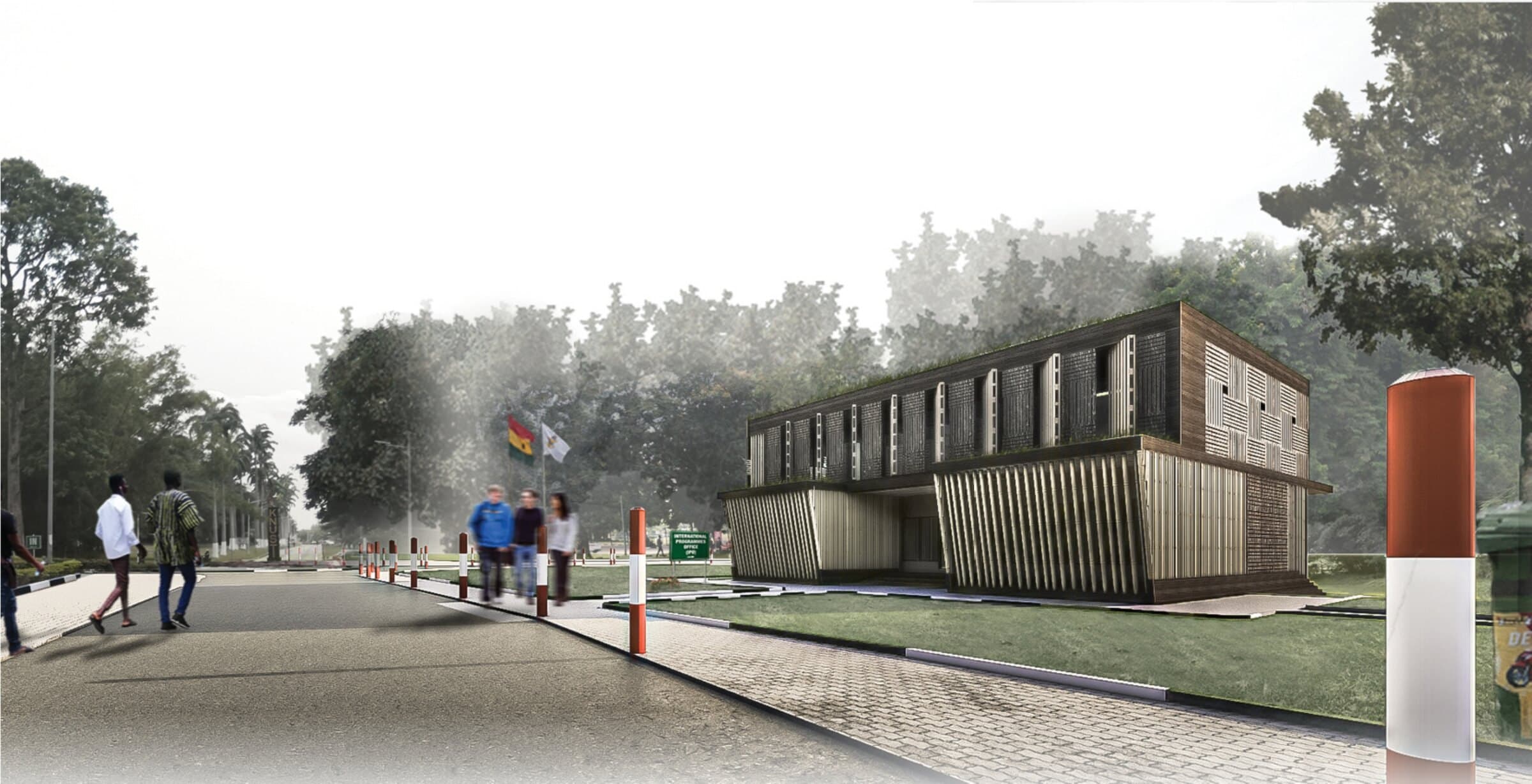 Exterior street-level rendering of the IPO Office, a two-story timber-clad volume with bamboo slatted screening, pedestrians and a red bollard sign along the sidewalk.