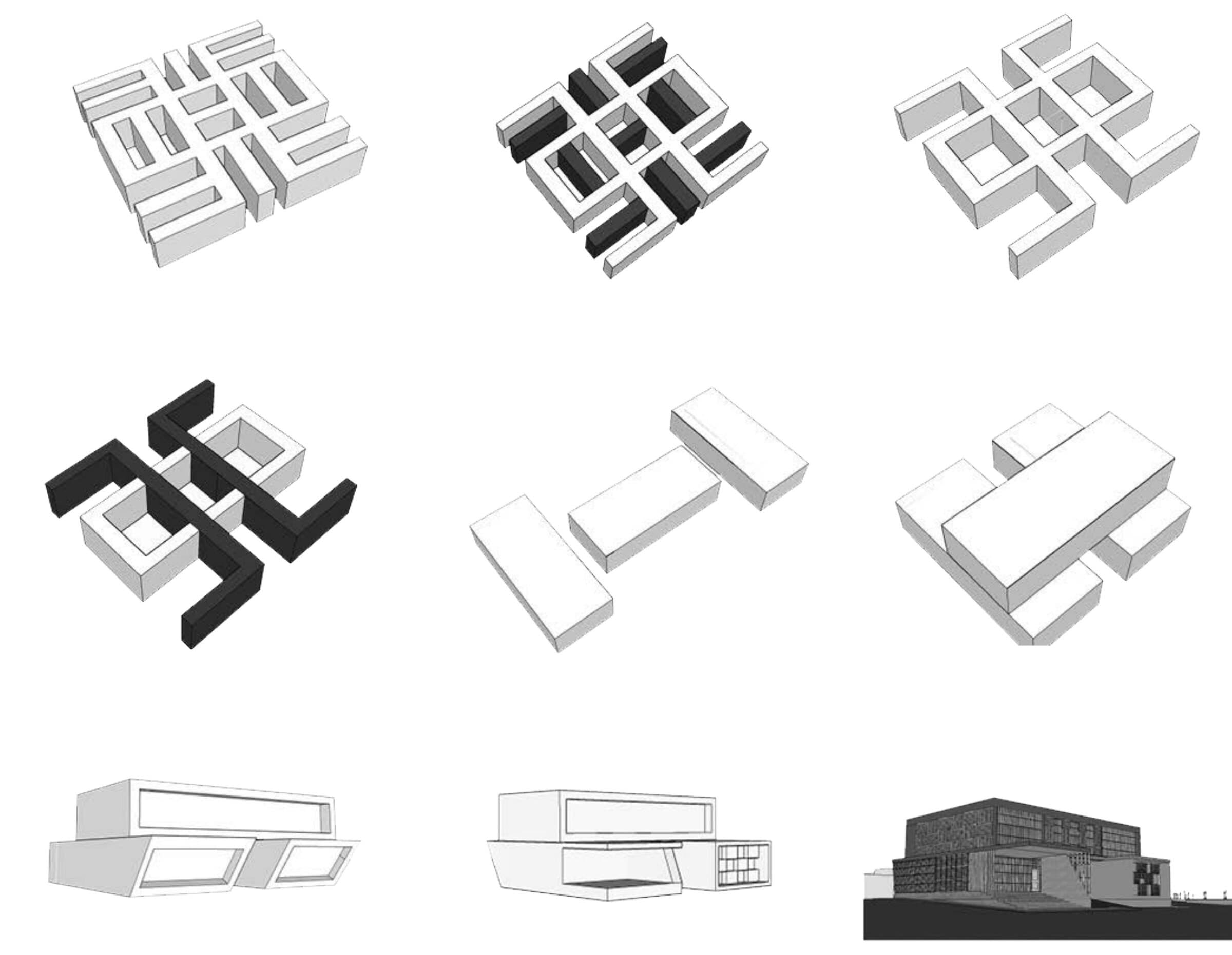 Nine massing study axonometrics exploring the IPO Office's configuration, from interlocking volumes to a single stepped form.