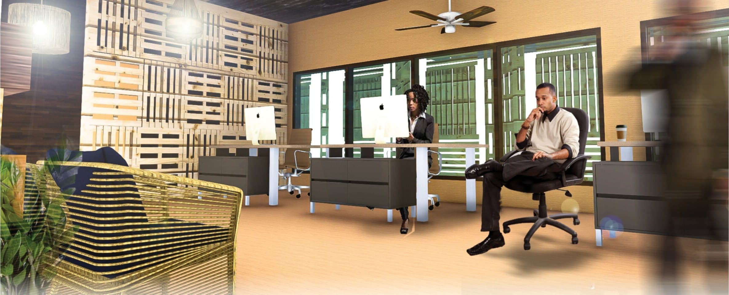 Warm interior rendering of the IPO Office general office, timber slat walls, colorful furnishings, and two people in conversation at a desk.