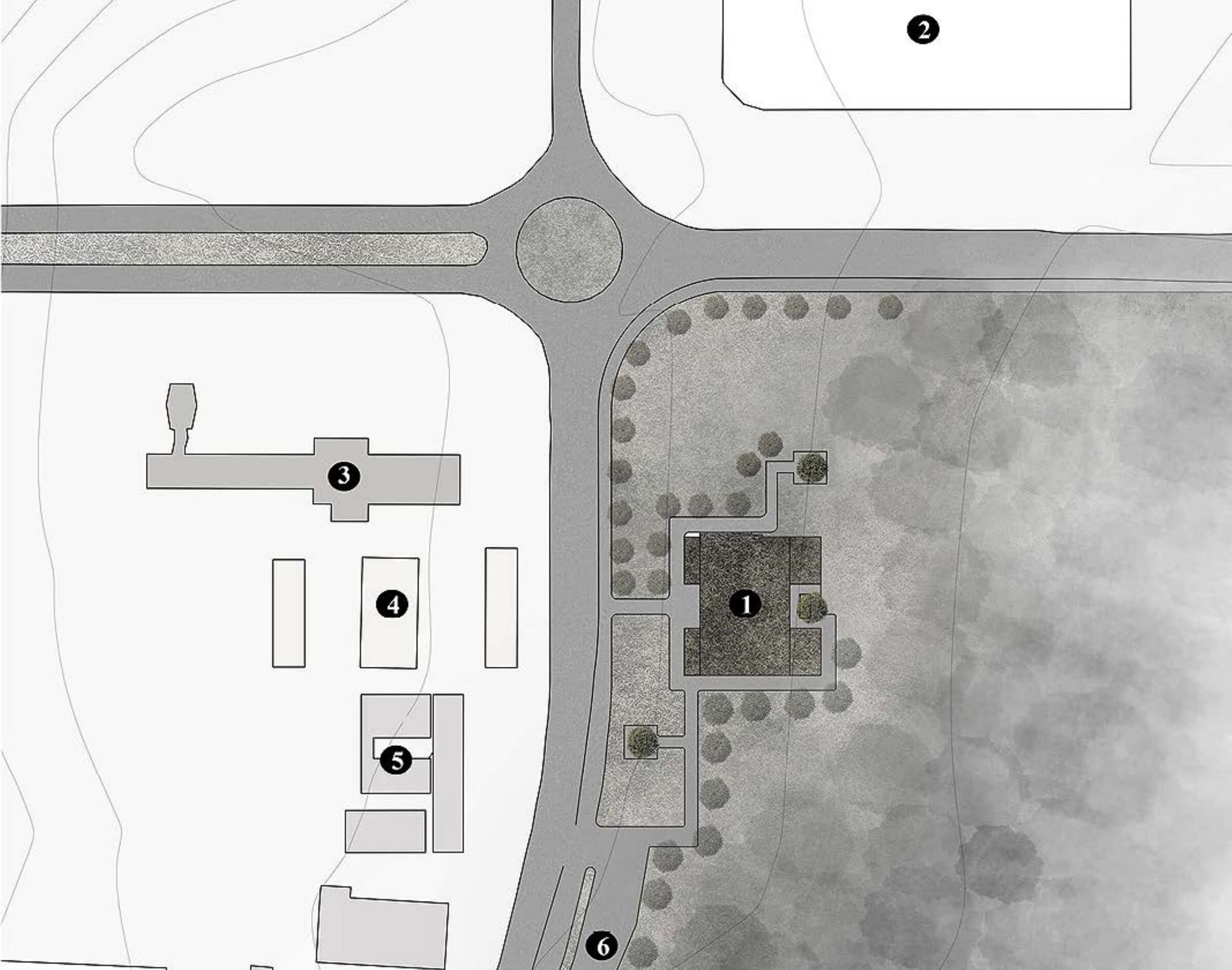 Site plan of the IPO Office within its surrounding institutional context, with a roundabout, access roads, and neighboring buildings numbered.