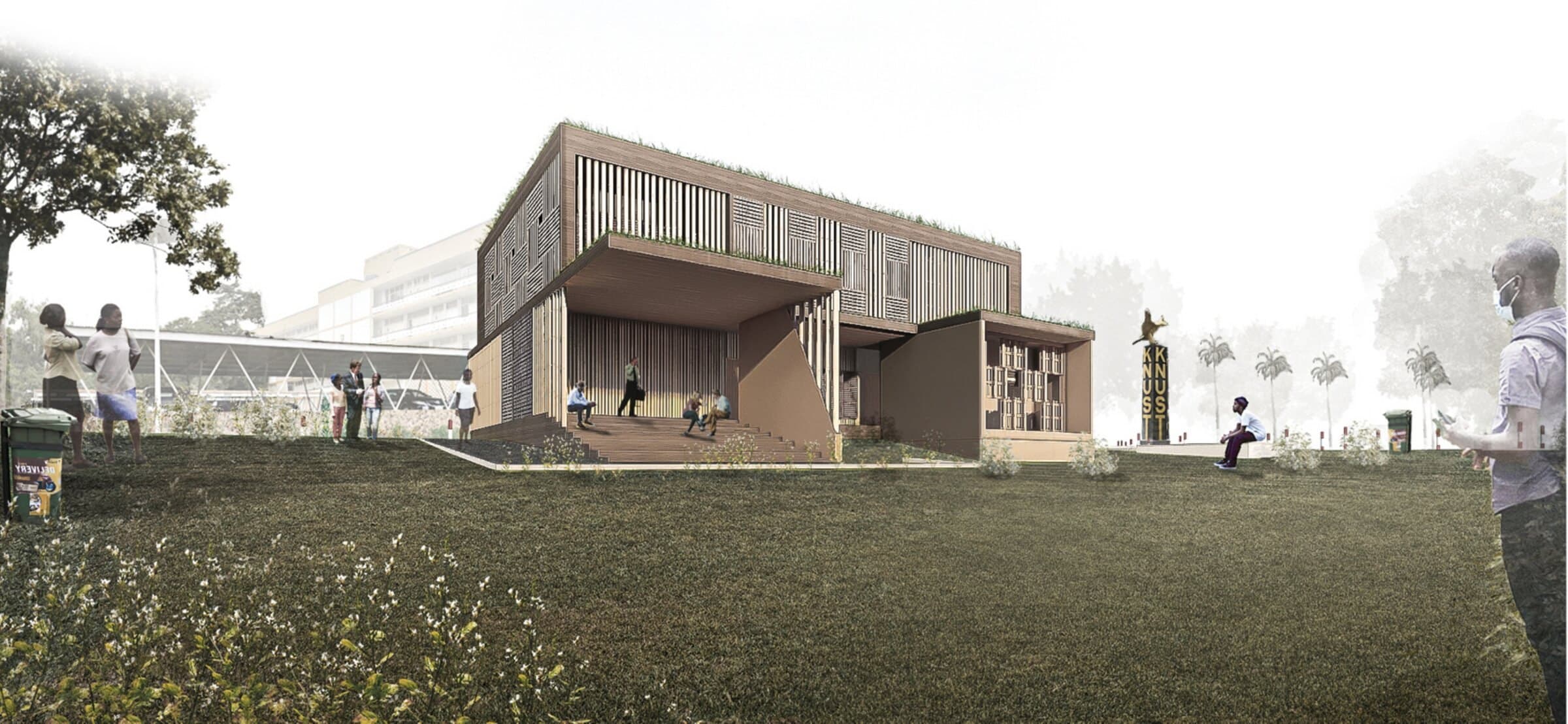 Exterior rendering of the IPO Office from its rear elevation, a timber-clad volume with a recessed ground floor beside the KNUST monument.
