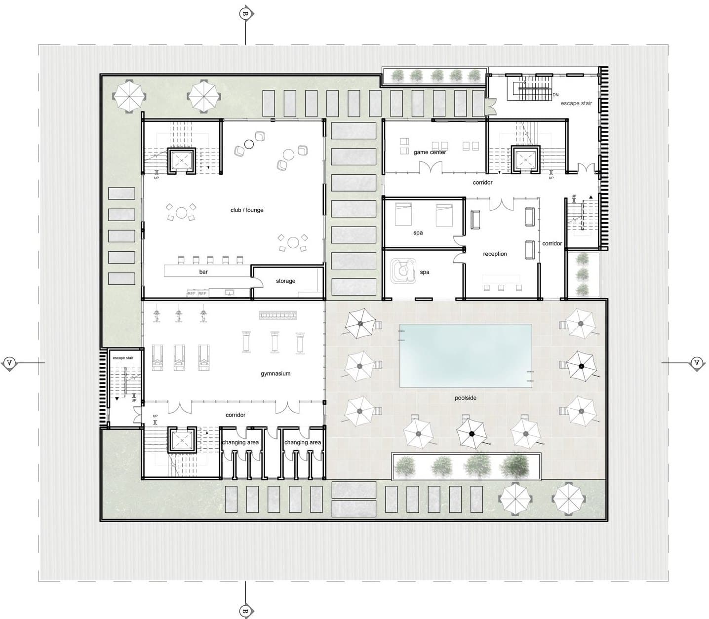 First floor plan of Motile Heights, arranged around a central courtyard with a swimming pool, lounge, gym, and service rooms.