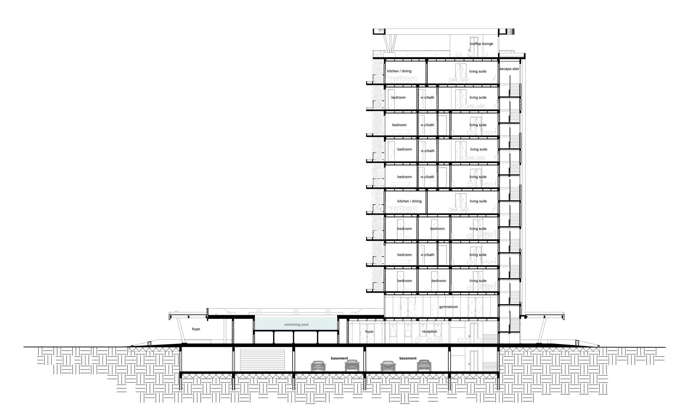 Section A-A through the Motile Heights tower, showing residential floors rising above a podium and basement.