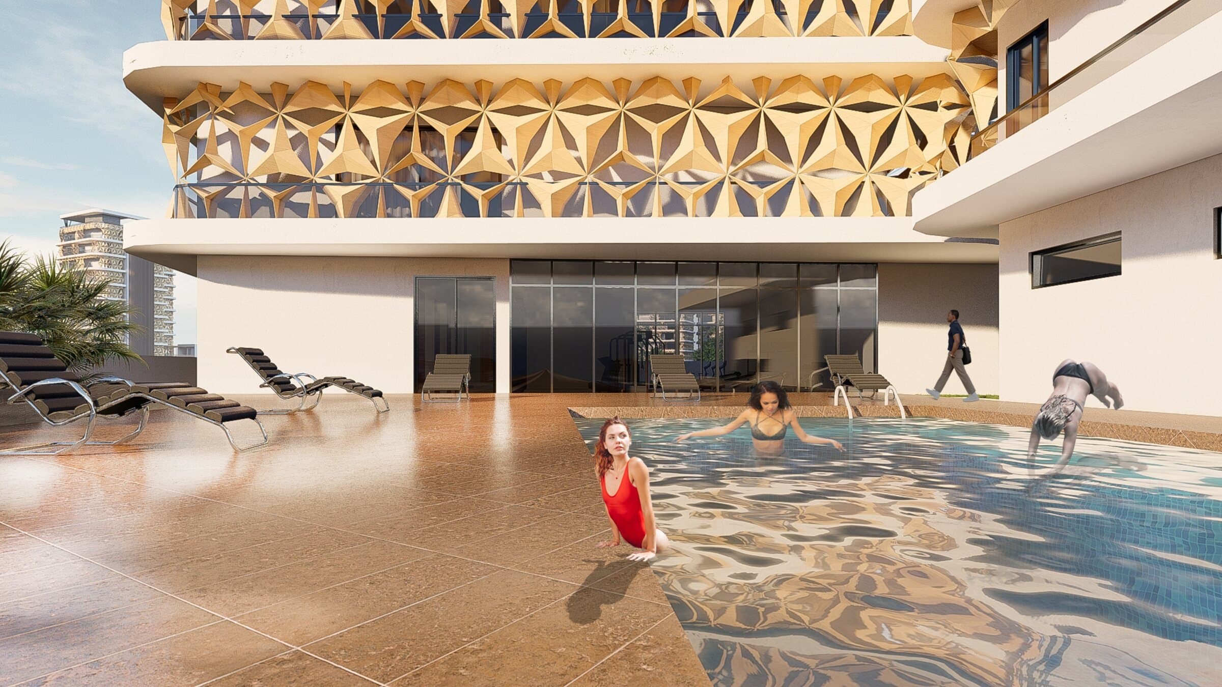 Poolside rendering of Motile Heights, swimmers in a pool beneath the tower's gold patterned facade.