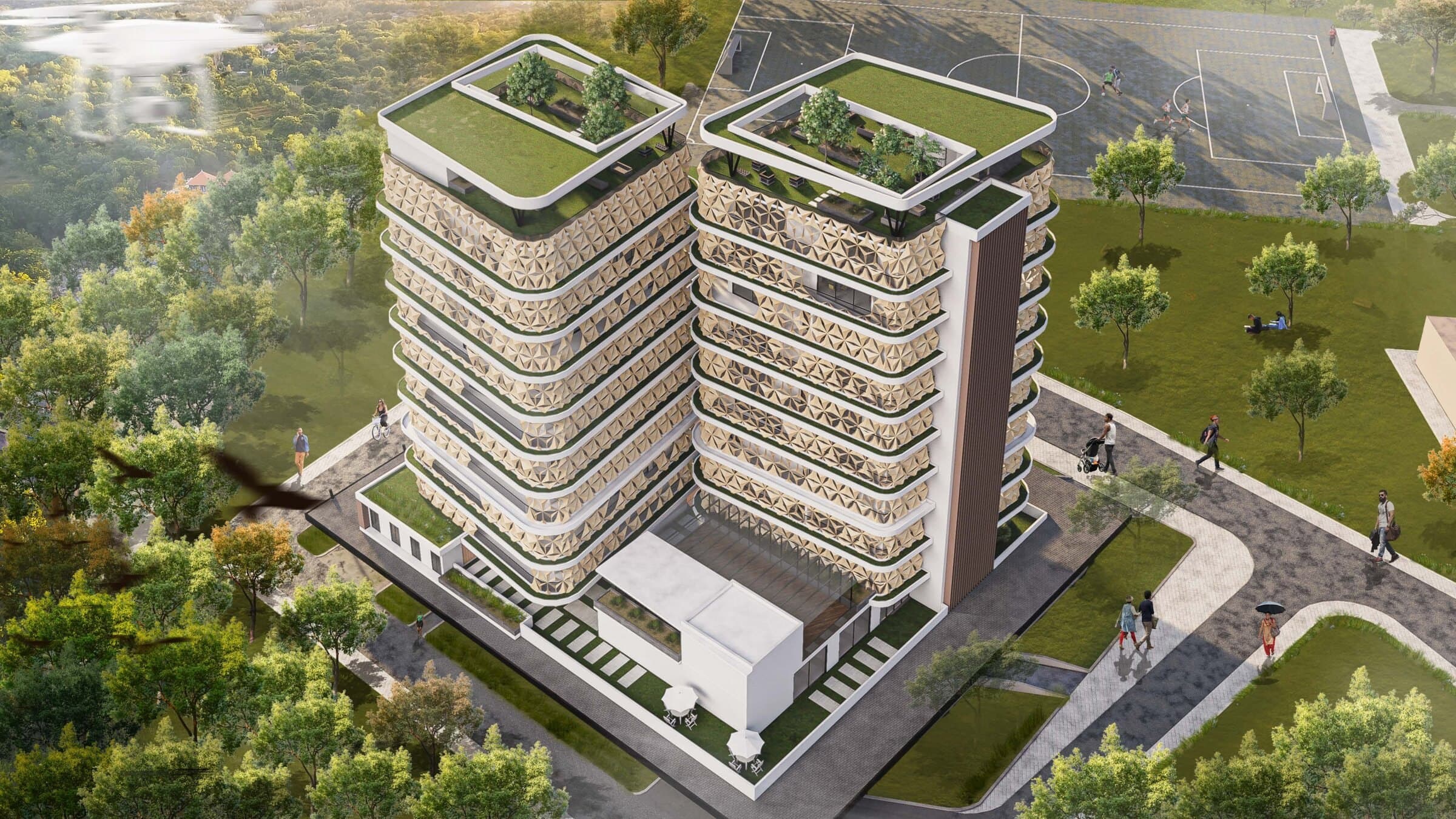 Aerial rendering of the two Motile Heights towers with rooftop gardens, set among green lawns and a curving pedestrian path.