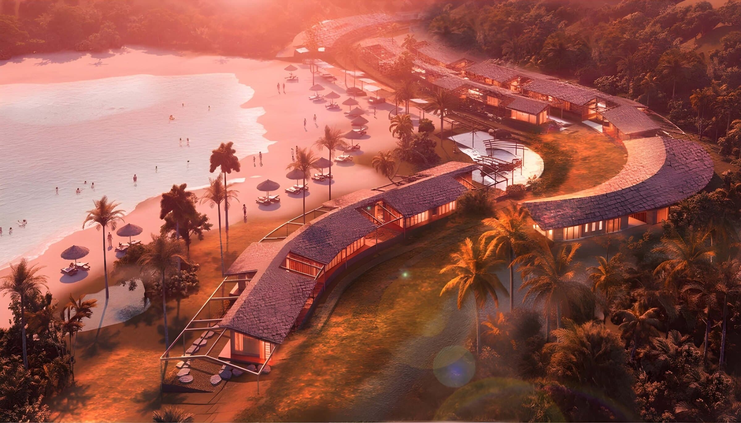 Aerial rendering of Príncipe Eco-Village at sunset, a curved line of timber-roofed buildings following the shoreline beside a white-sand beach and palm trees.