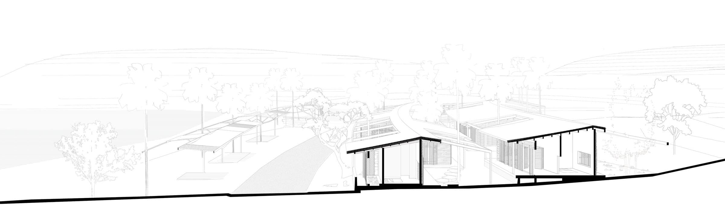 Line drawing of the site section, two small pavilions set on a gently sloping profile among sketched trees.
