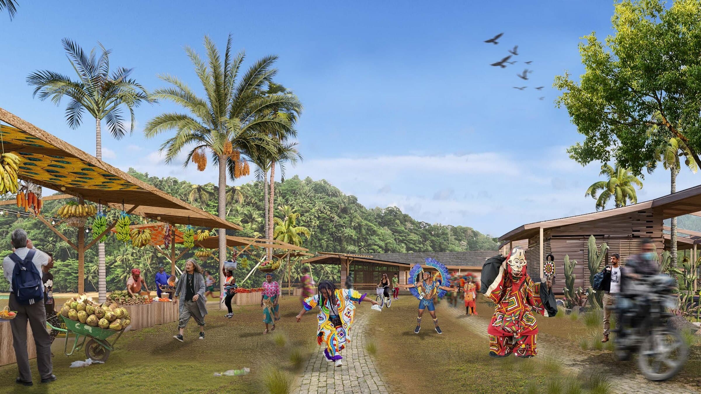 Street culture rendering at Príncipe Eco-Village — an open-air market and dance festival along the mediating street corridor, with the cultural center and housing units beyond.