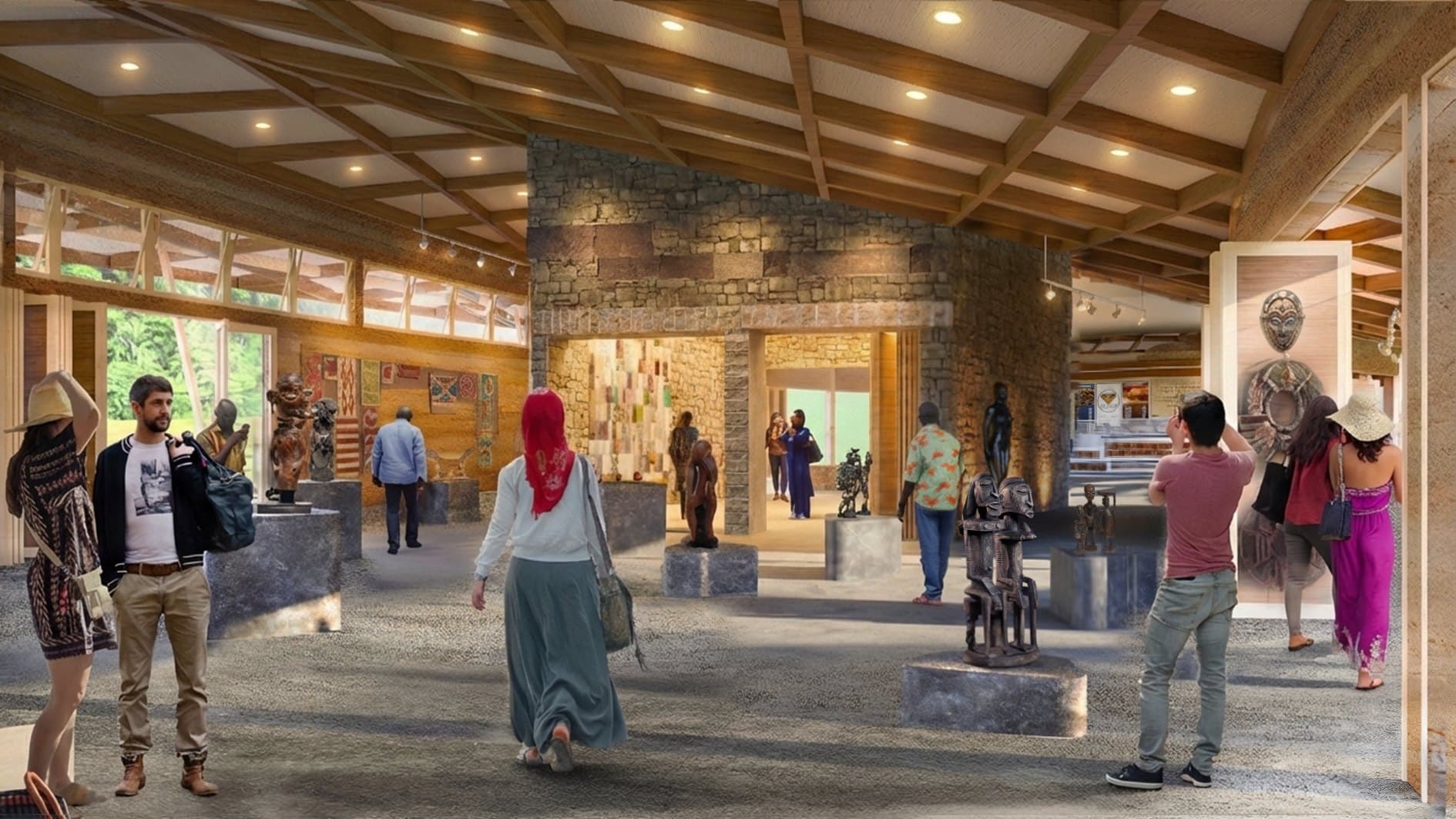 Interior rendering of the cultural center's gallery space, visitors moving among crafts on display beneath a timber roof structure and a basalt stone wall.