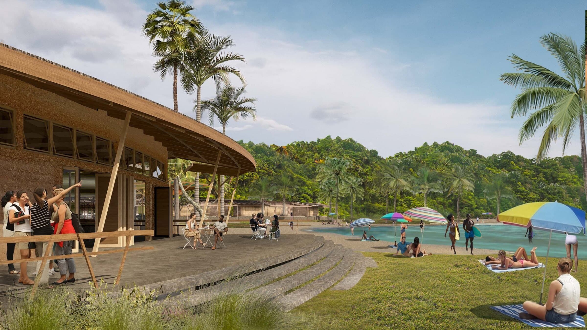Rendering of the cultural center's curved terrace opening onto the beach, visitors seated above stepped seating, with the ocean and palm trees beyond.