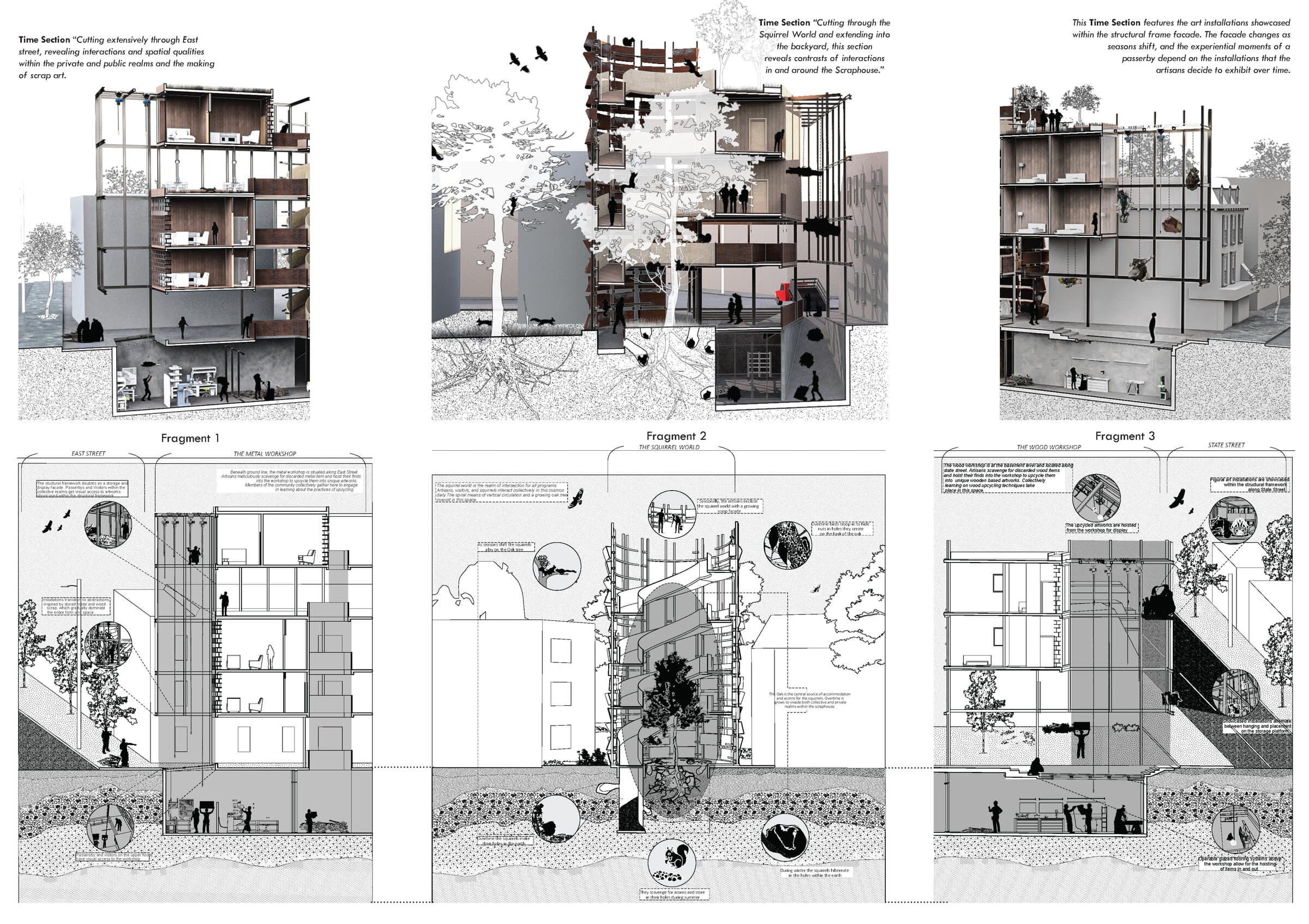 A summary spread of three building fragments, each shown as a section and an annotated drawing.