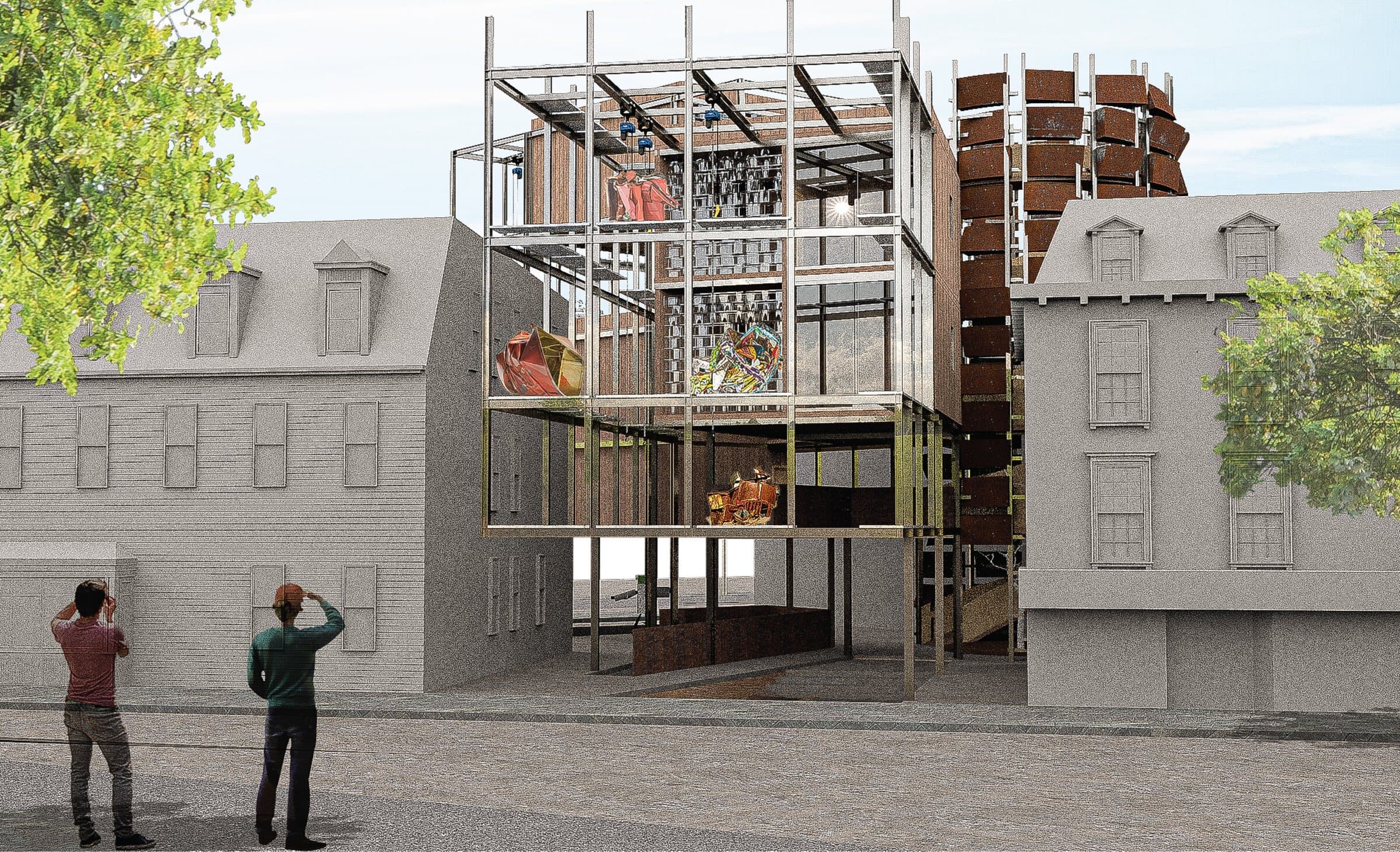 Full-color exterior perspective of Scraphouse nested between two New Haven rowhouses, a structural steel frame holding art installations made of scrap, with passersby photographing it from the street.