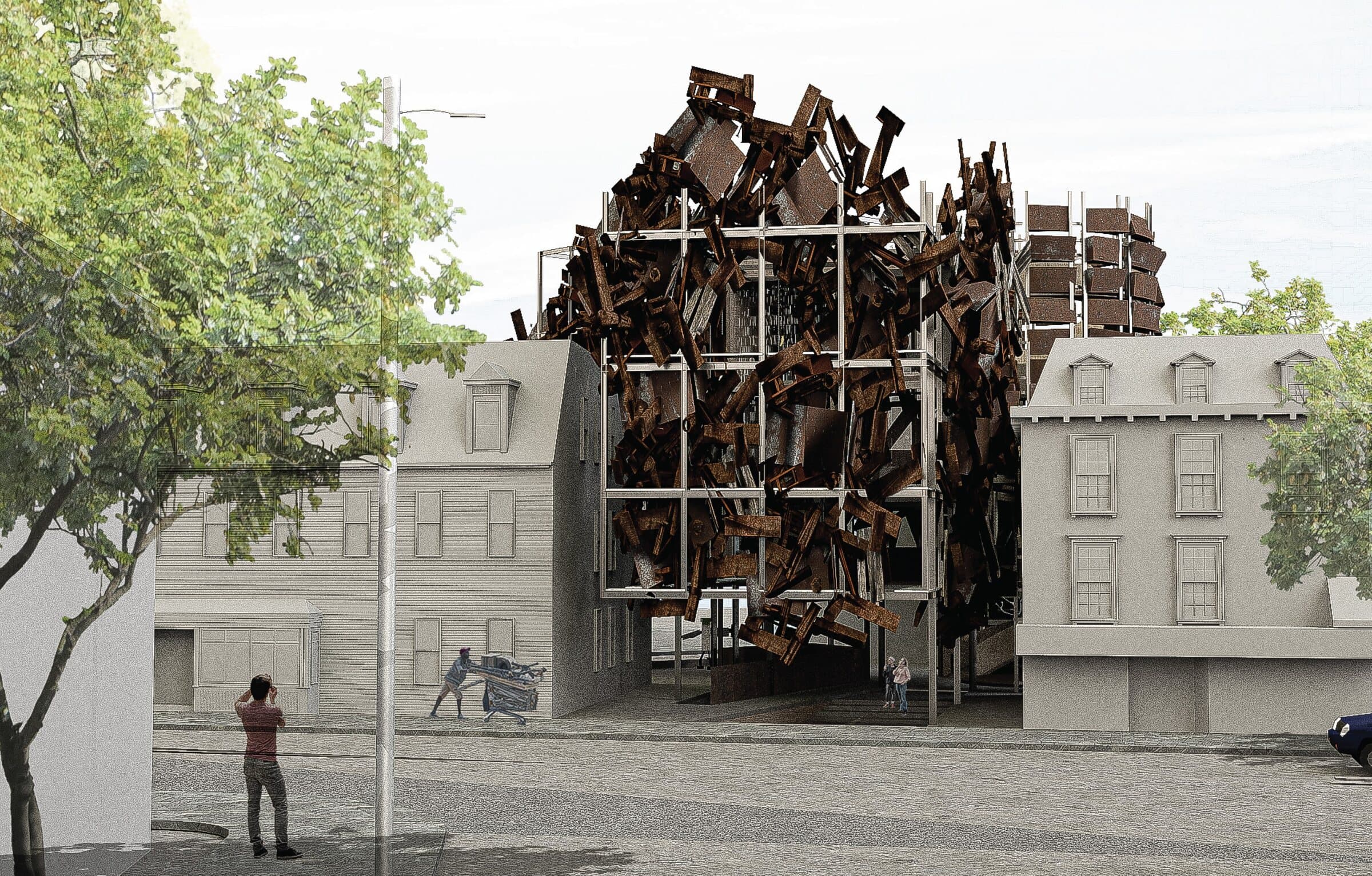 A speculative future exterior perspective of Scraphouse, its structural frame almost entirely overtaken by an accumulated mass of rusted metal scrap sculpture.