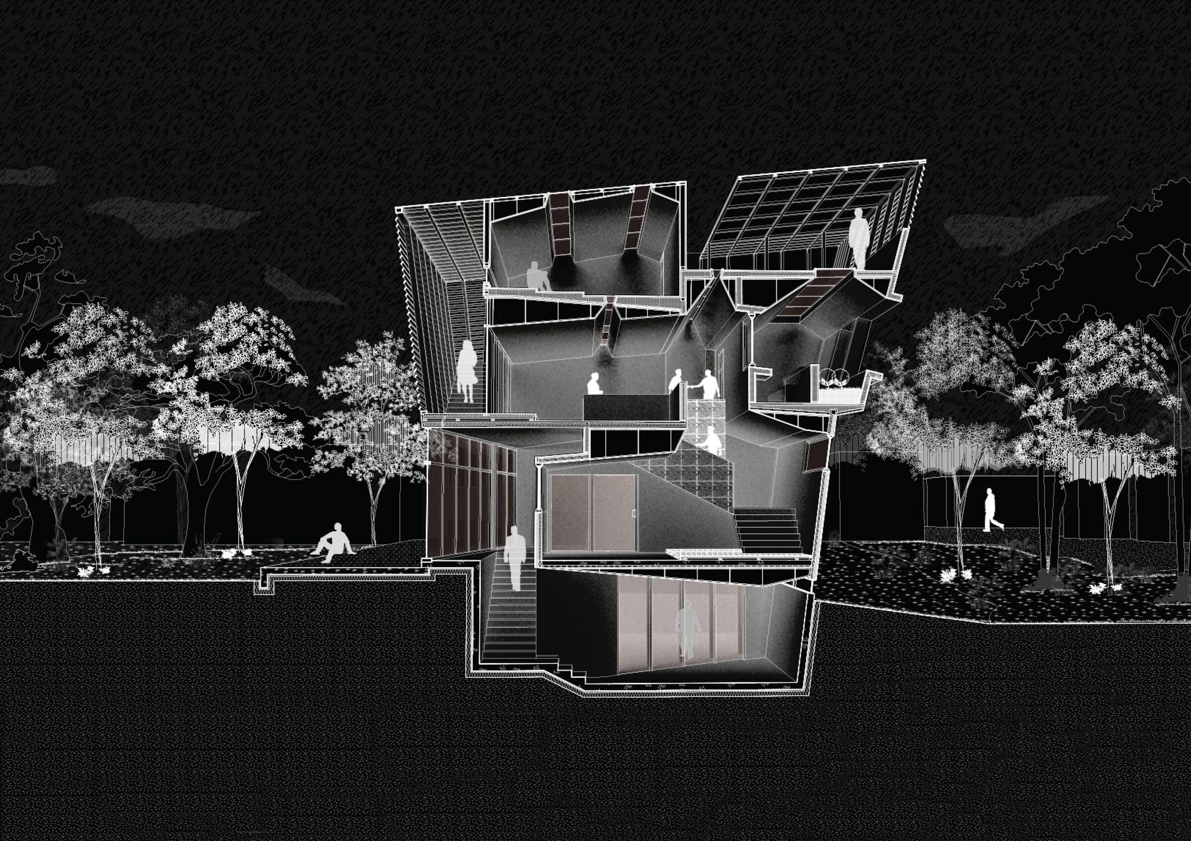 Full perspective section of the Spacefinder building at night, a stacked and shaped timber and concrete structure with figures inhabiting terraces and interior rooms across multiple levels.
