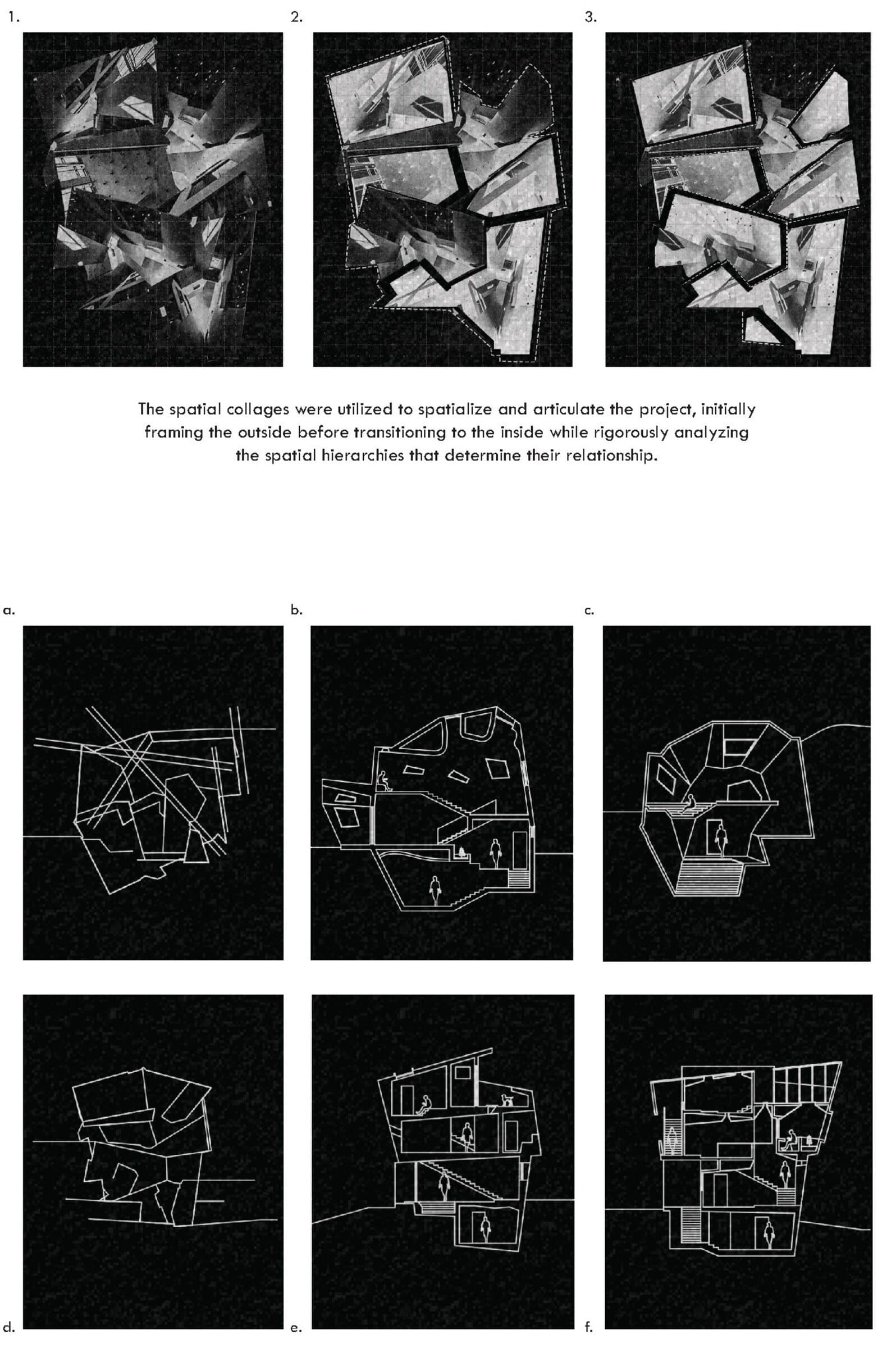Three spatial collages above a grid of six process sketches exploring shape, nesting, and stack section typologies, culminating in a section drawing with material realization.
