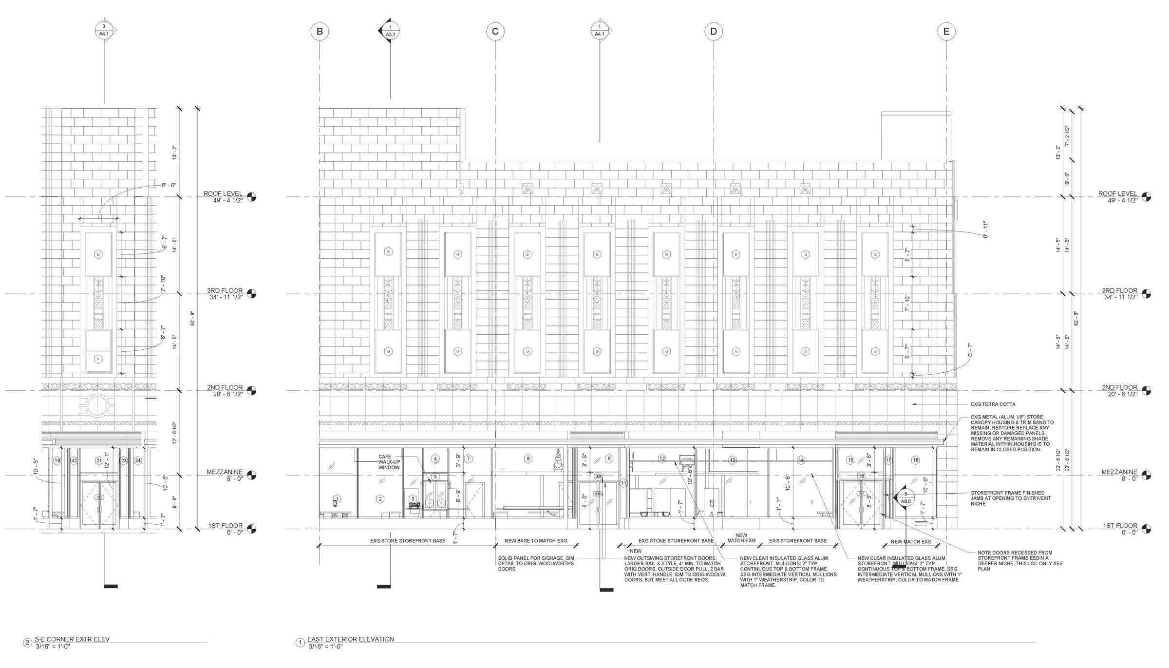 East exterior elevation drawing of The Bridge on Main, a four-story Art Deco brick building on Main Street, Bridgeport, Connecticut, with storefront glazing and terra cotta detailing at ground level.