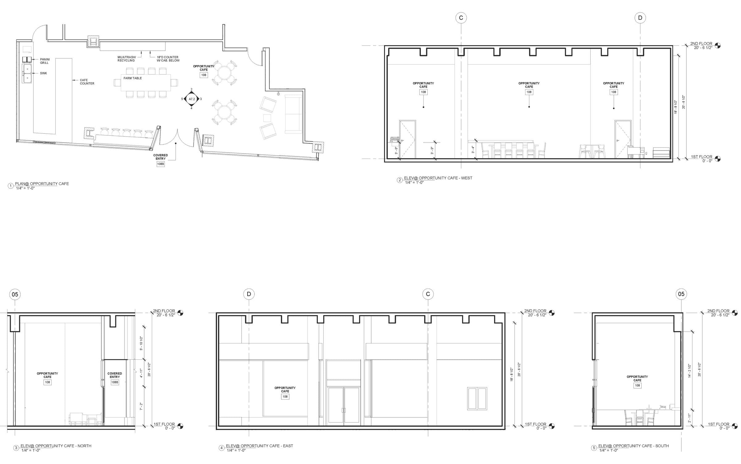 Coordinated plan and elevation drawings of the building's ground-floor Opportunity Cafe, showing the servery layout and four building elevations of the cafe volume.