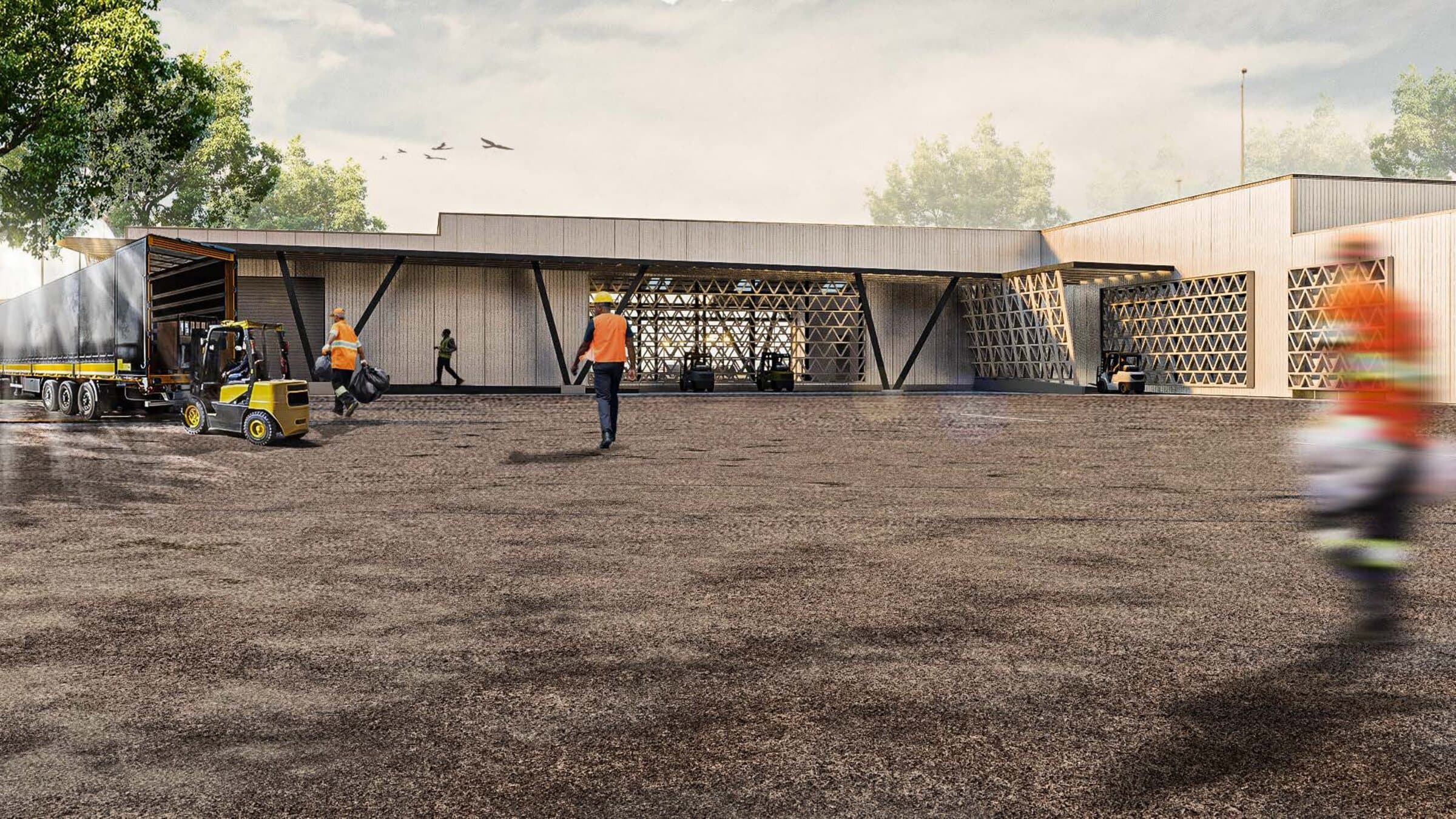 Exterior rendering of the facility's loading dock, a truck unloading beside a forklift as workers in high-visibility vests move through the triangulated lattice screen entrance.