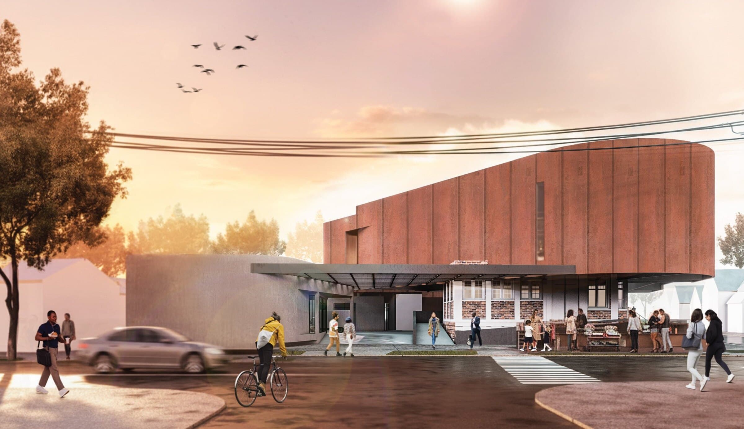 Street-level rendering of The Hover Store at dusk, a curved rust-colored volume hovering above a preserved brick church at a New Haven street corner, with pedestrians and a cyclist passing.
