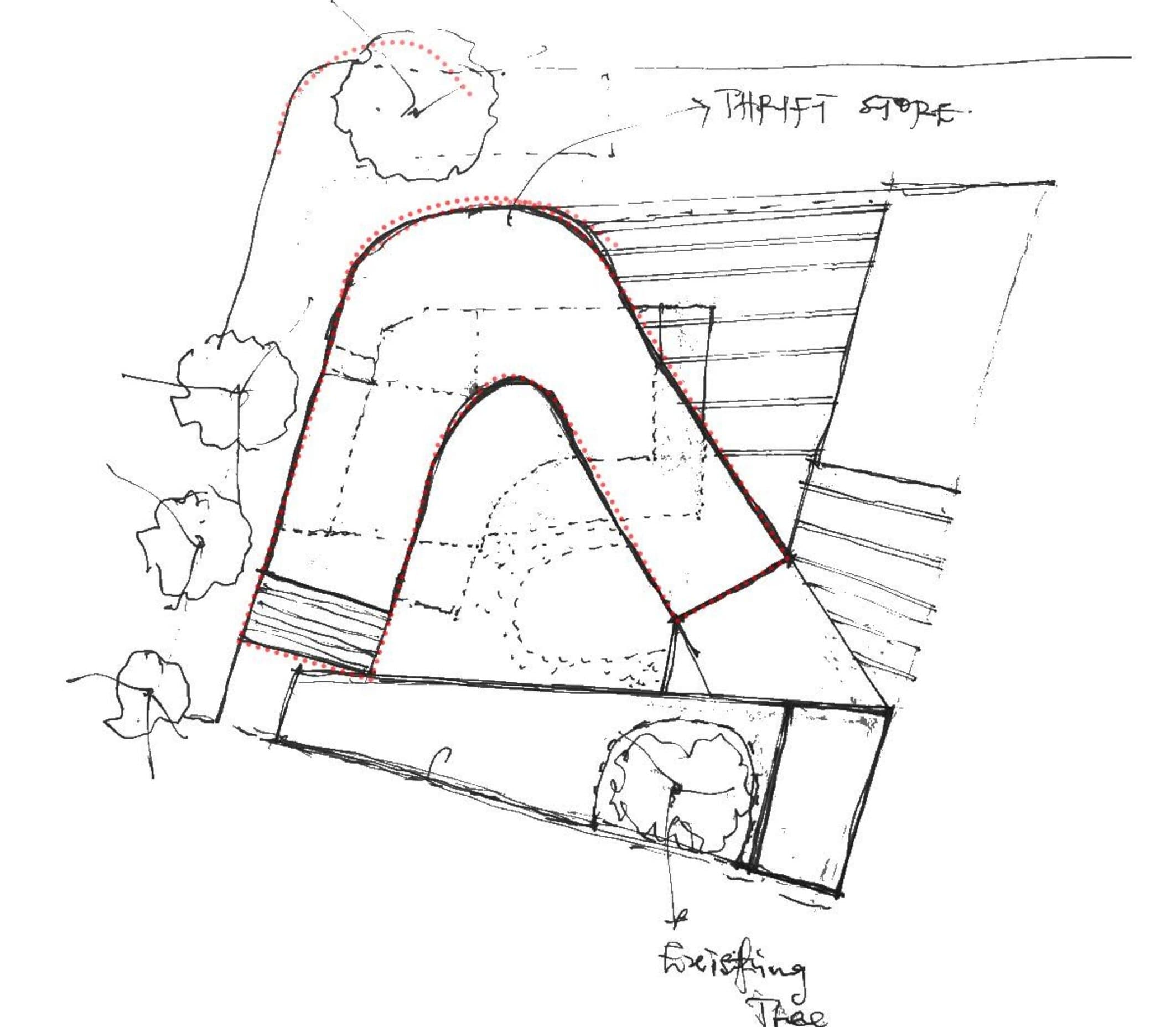 Hand-drawn site sketch tracing the sinuous curb edge and the arc of the hovering thrift store volume above the existing building.