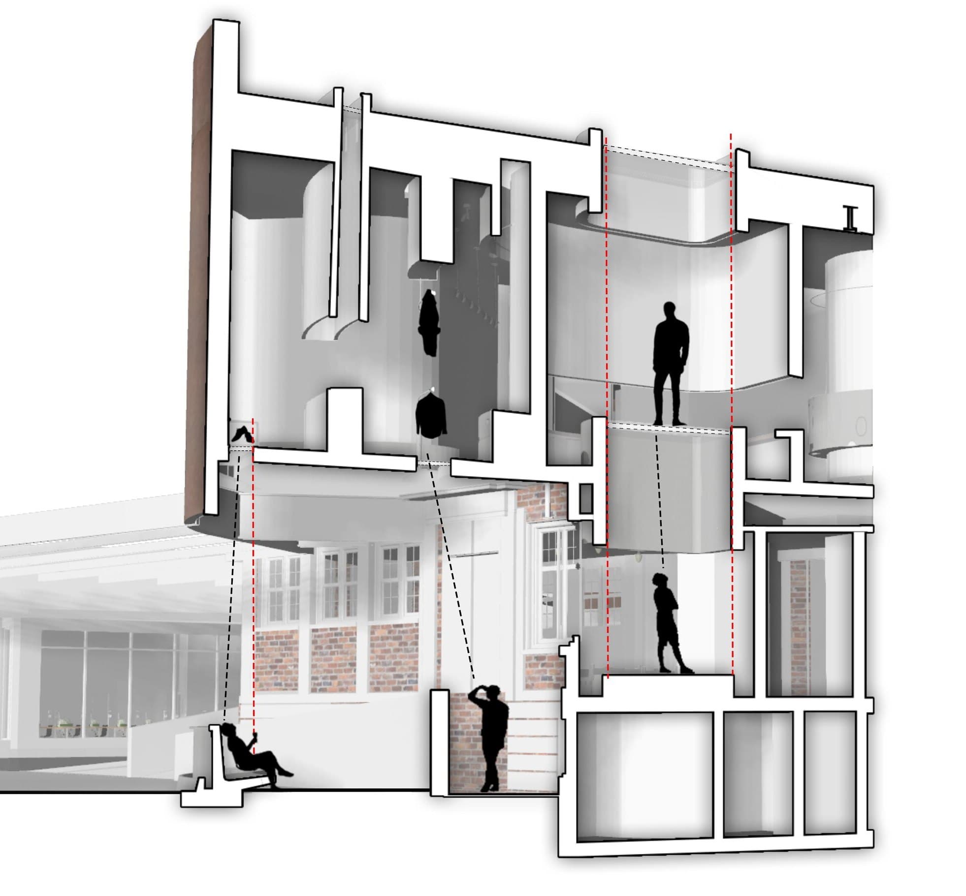 Cutaway sectional axonometric with dotted sightlines connecting figures across floor levels of the church and the new volume.