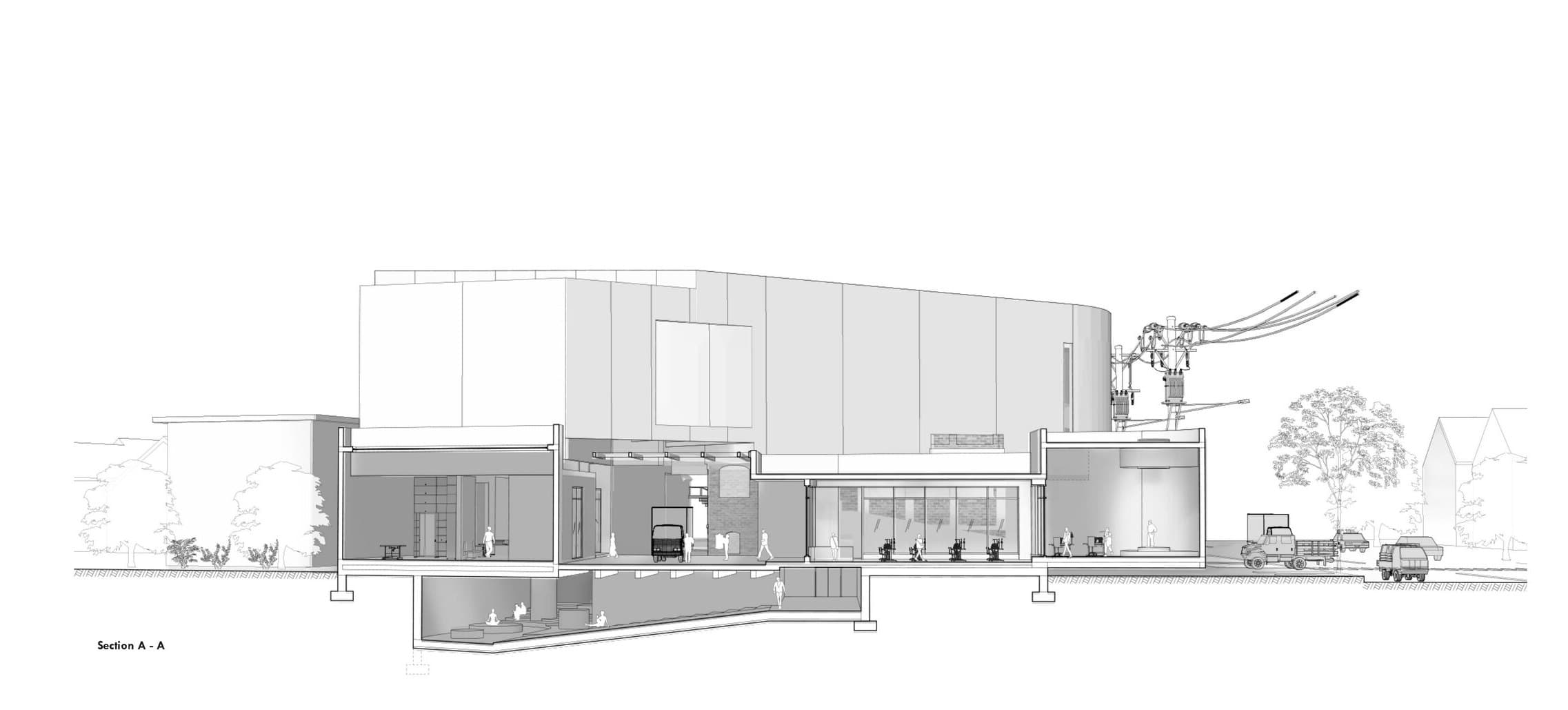 Long Section A–A of The Hover Store, cutting through the new volume and the preserved church with a below-grade meditation space.