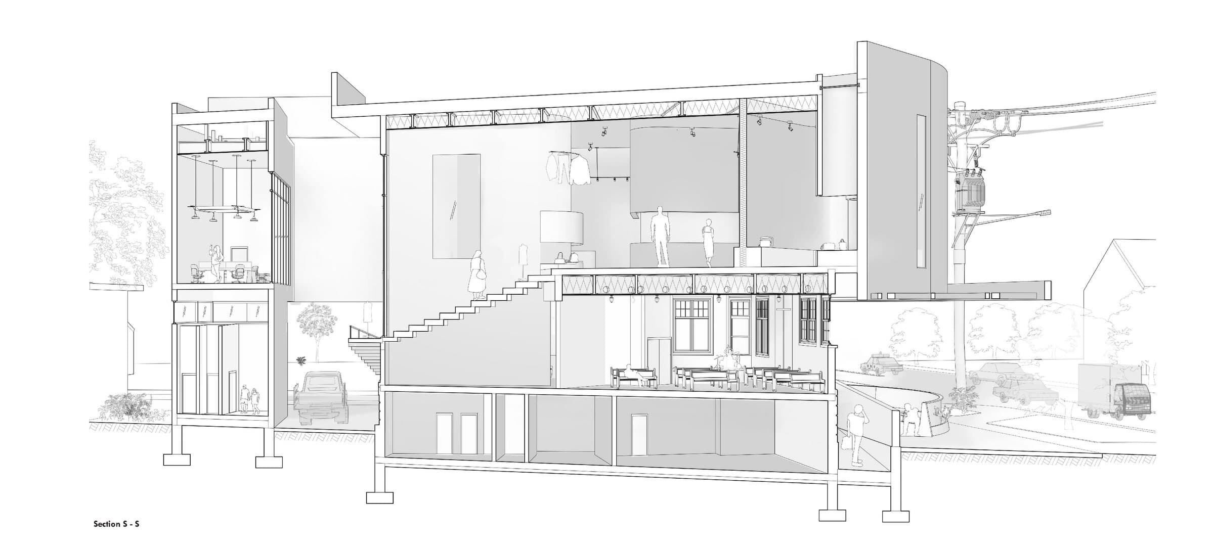 Section S–S of The Hover Store, showing the stair to the elevated thrift store and its relationship with the existing church.