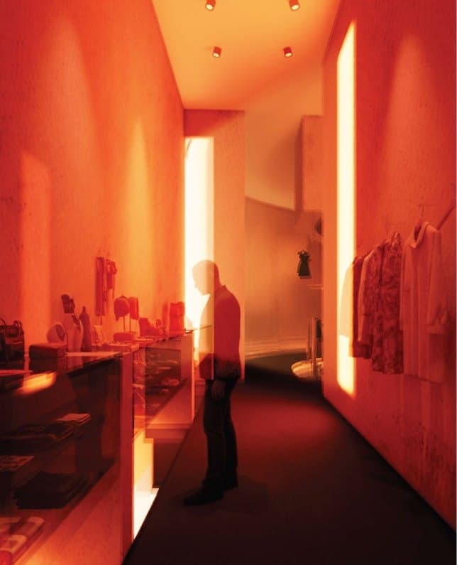 Rendering of a narrow corridor glowing orange with a slot of daylight, a figure standing before hanging garments.
