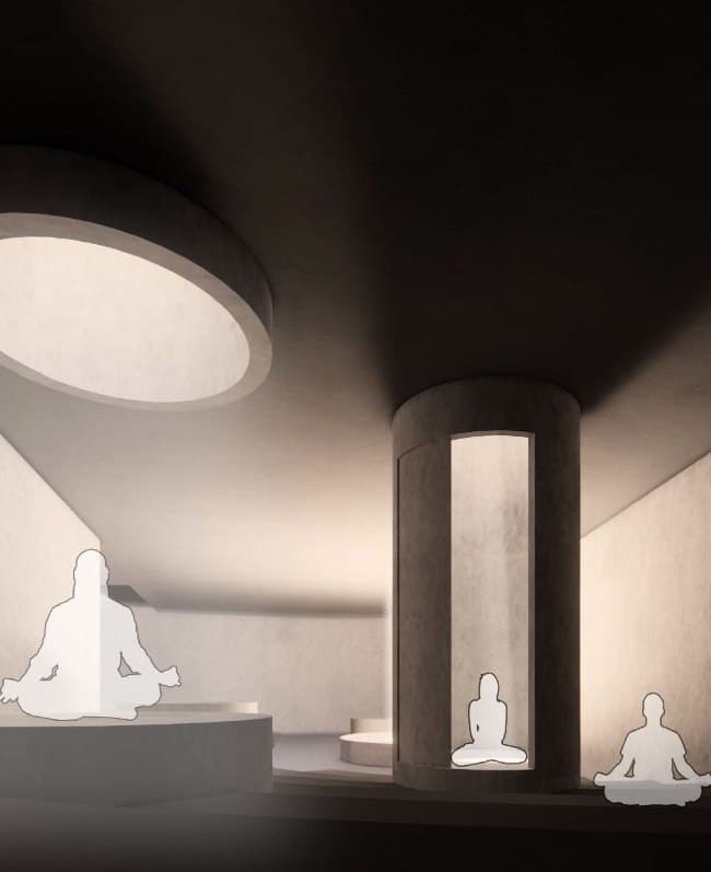 Rendering of a meditation hall beneath a circular skylight, figures seated in meditation around a central cylindrical volume.