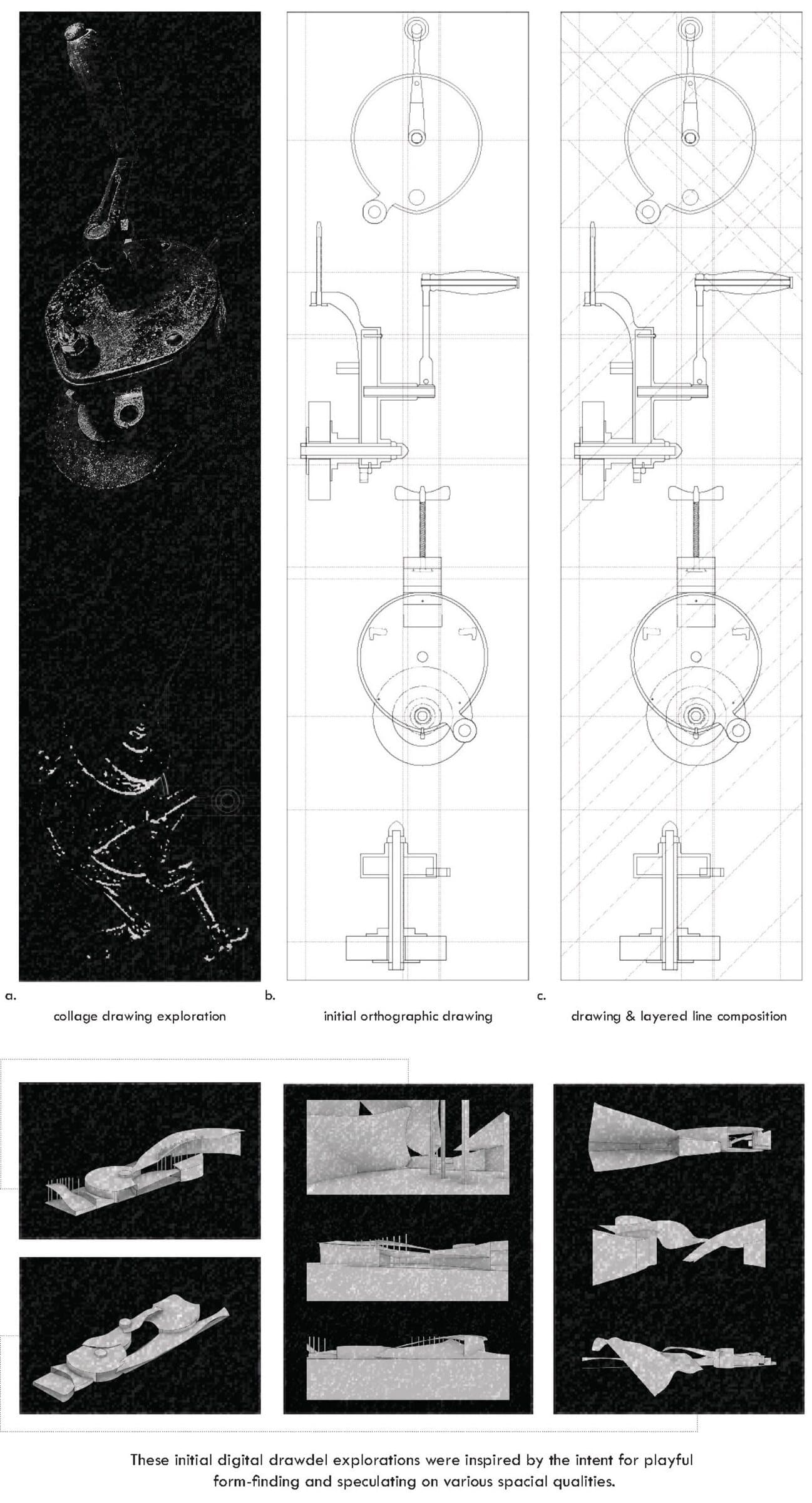 Compilation of the hand crank artifact analysis: a collage drawing exploration, an initial orthographic drawing, and a layered line composition, alongside digital drawdel form-finding studies.