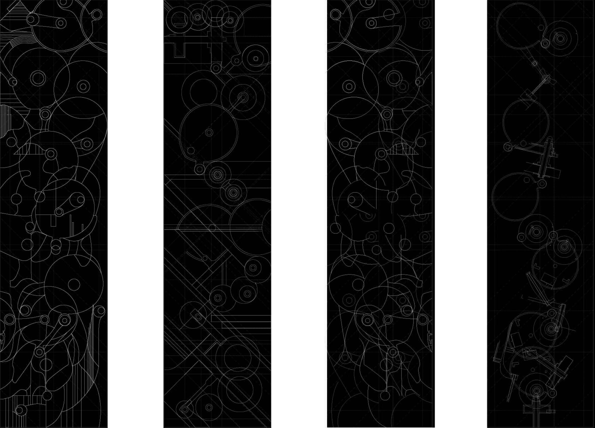 Four vertical panels documenting the abstract exploration process — movement, density, and two layered compositions derived from the hand crank artifact.