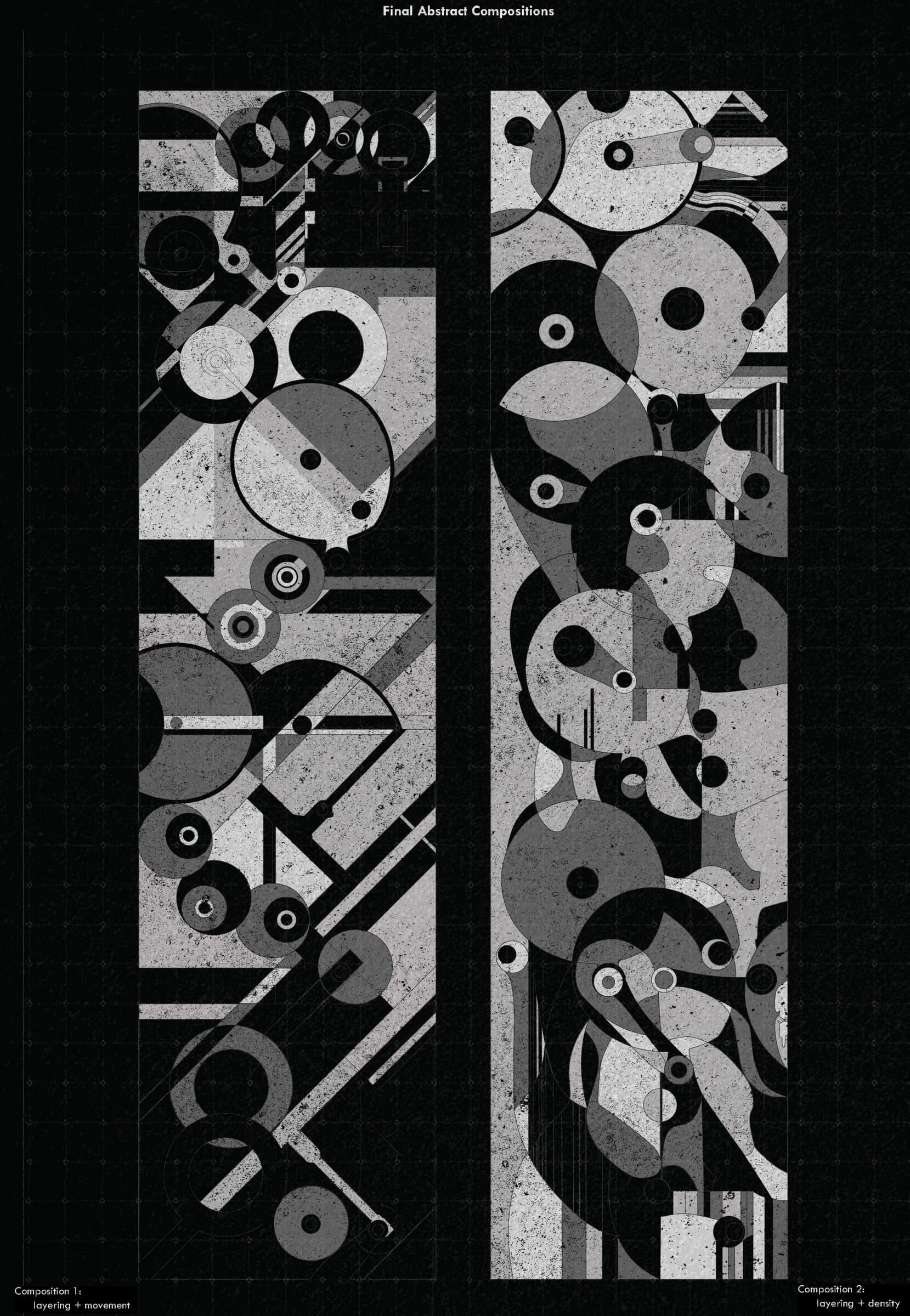 Two large final abstract compositions in grayscale, layering circular and rectilinear forms derived from the hand crank's geometry.