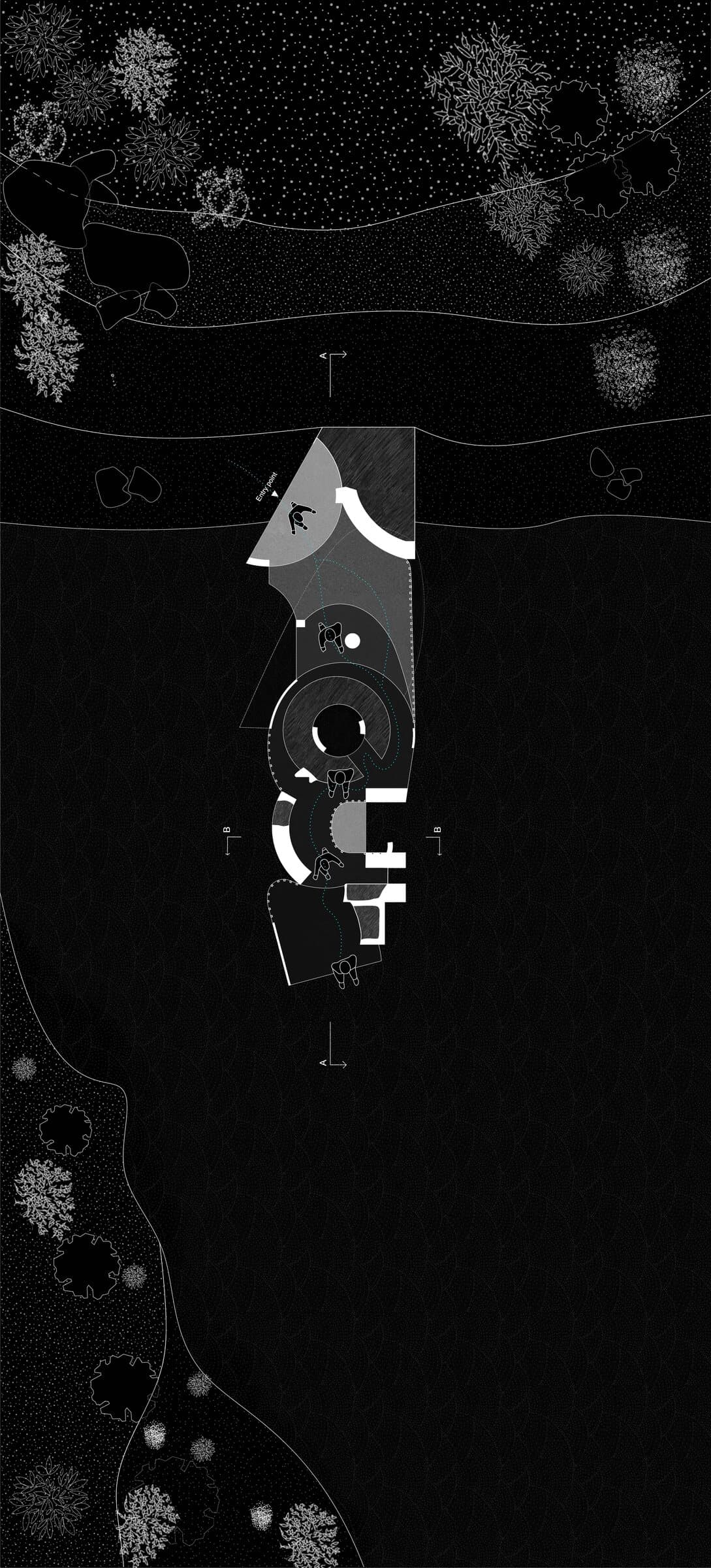 Ground floor plan of The Obsidian Rig rendered in a dark night palette, a curved sequence of enclosed rooms with circulation traced from the entry point through the building.
