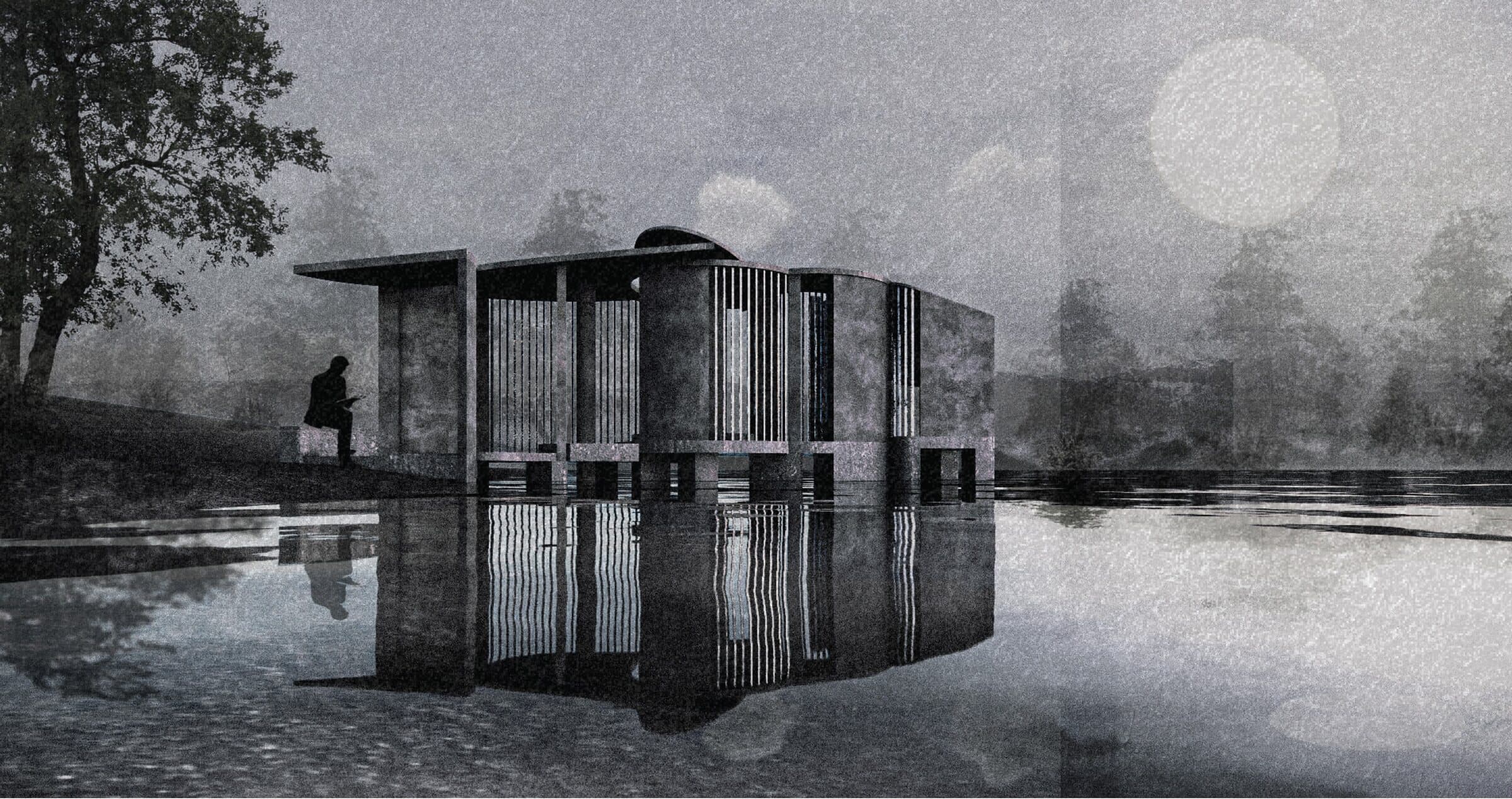 Dusk exterior rendering of The Obsidian Rig reflected in still water, with a figure seated at the entrance threshold beneath an overhanging concrete canopy.