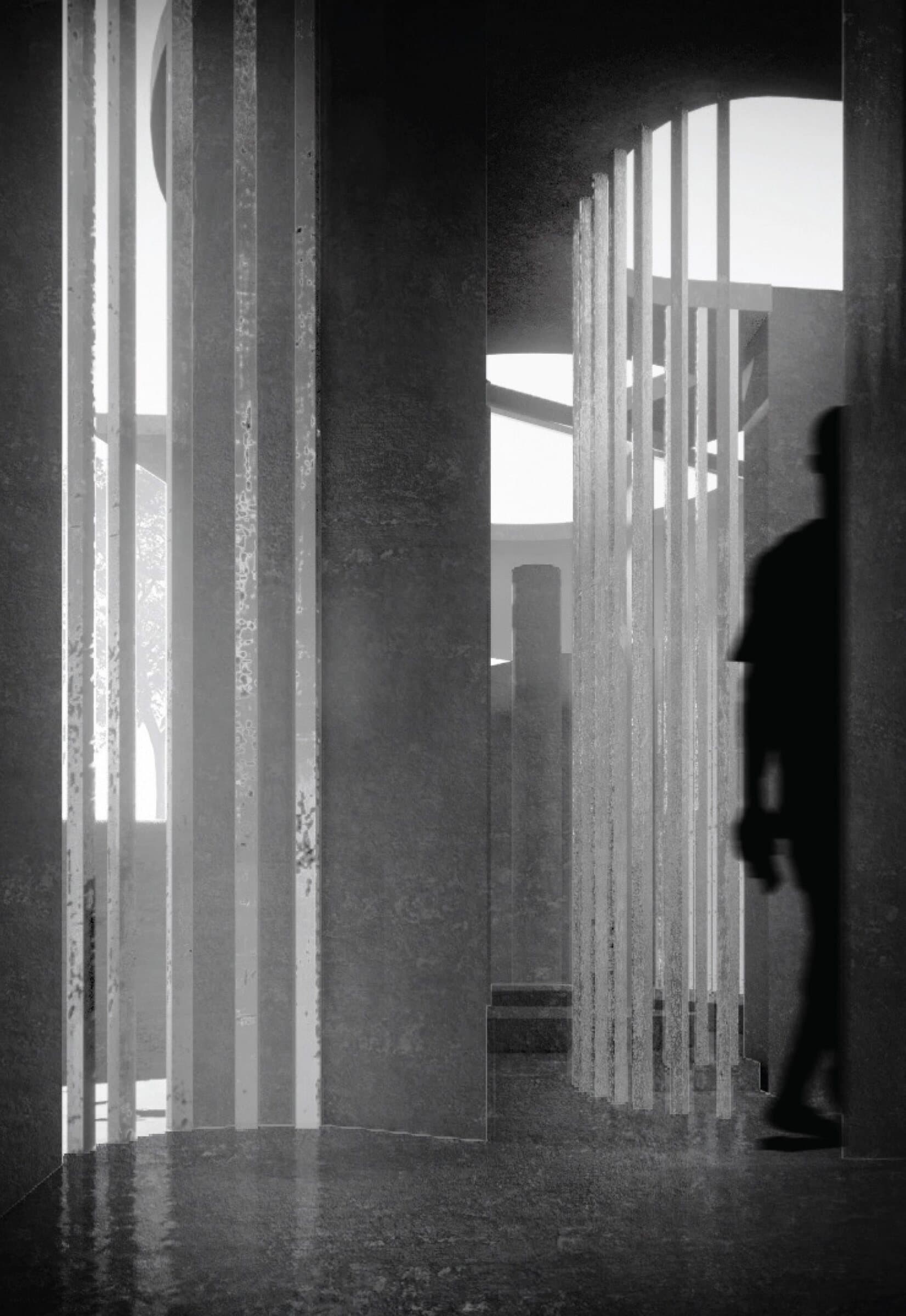 Dark interior perspective looking down a corridor of vertical timber screens toward a silhouetted figure at the far end.