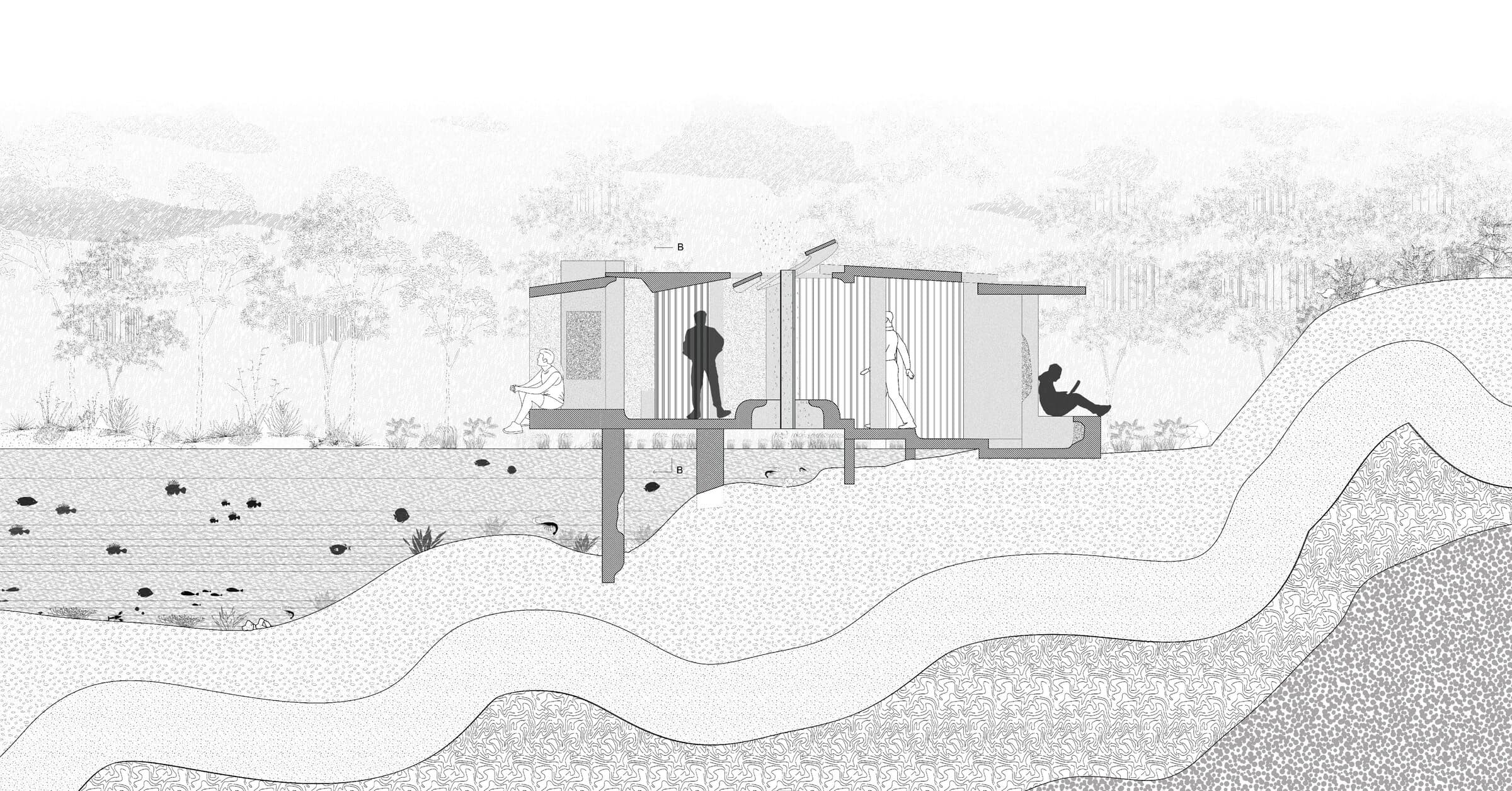 A building section paired with a small site elevation sketch, showing the enclosure's curved roof geometry over its plinth.