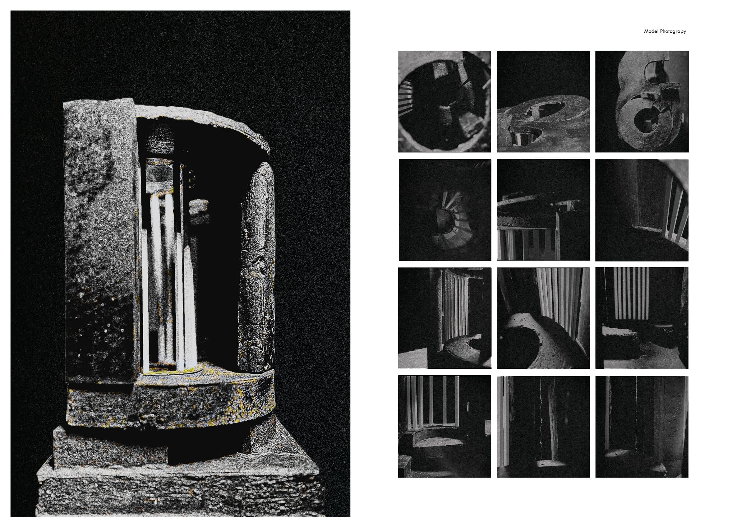 A large model photograph of the curved stone and timber enclosure alongside a grid of detail photographs of the same physical model.