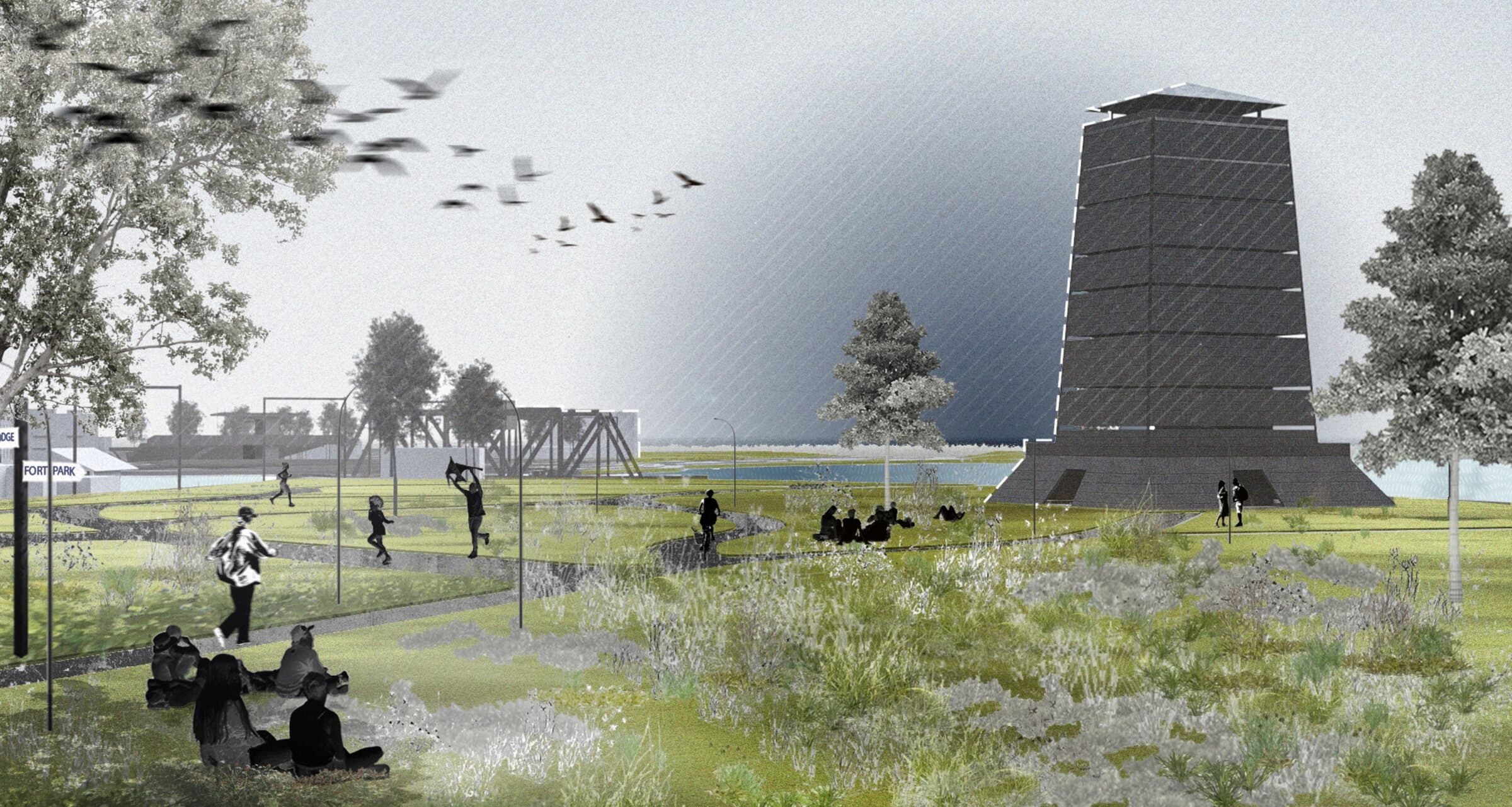 Rendering of Fort Park, a converted lighthouse tower rising above a meadow where people gather and walk along paths beside the river.