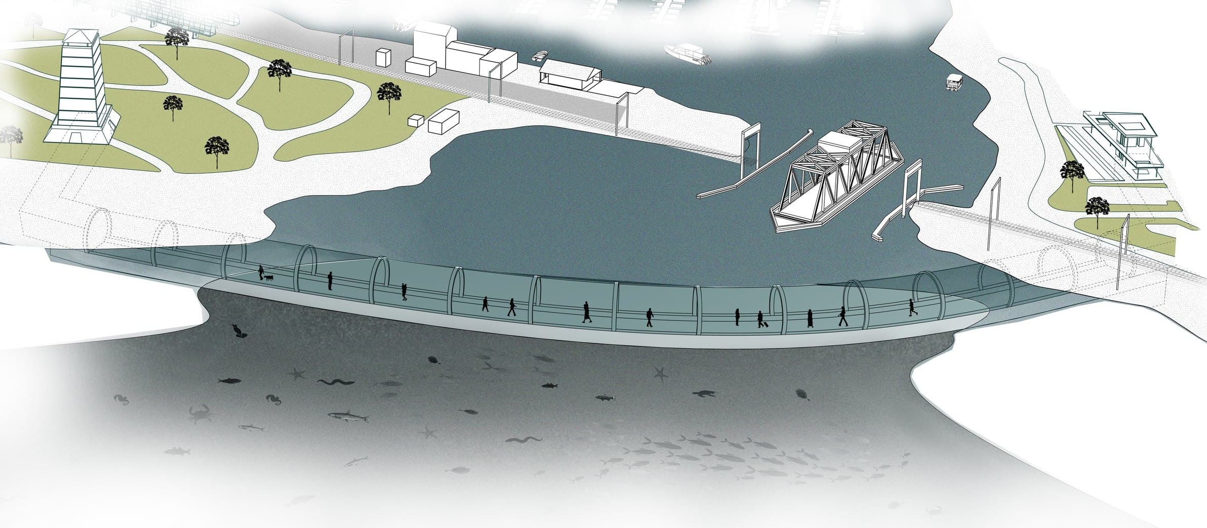 Aerial rendering of the Banks' Tide-walk, a curved glazed walkway passing beneath the cove's water between park and marina edges.