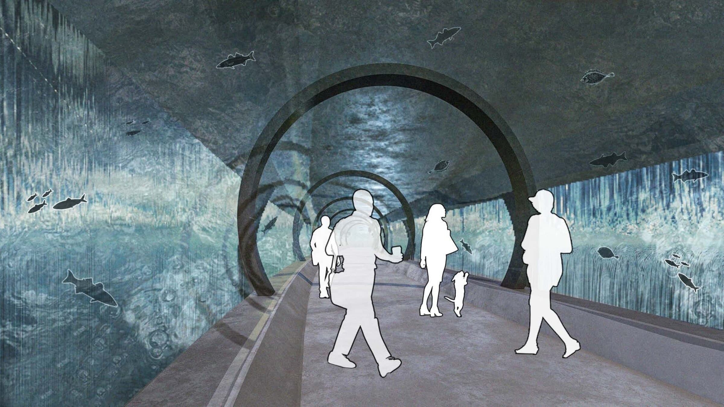 Interior rendering of the underwater tide-walk tunnel, arched ribs framing silhouetted figures walking through, with fish visible in the water beyond the glass.