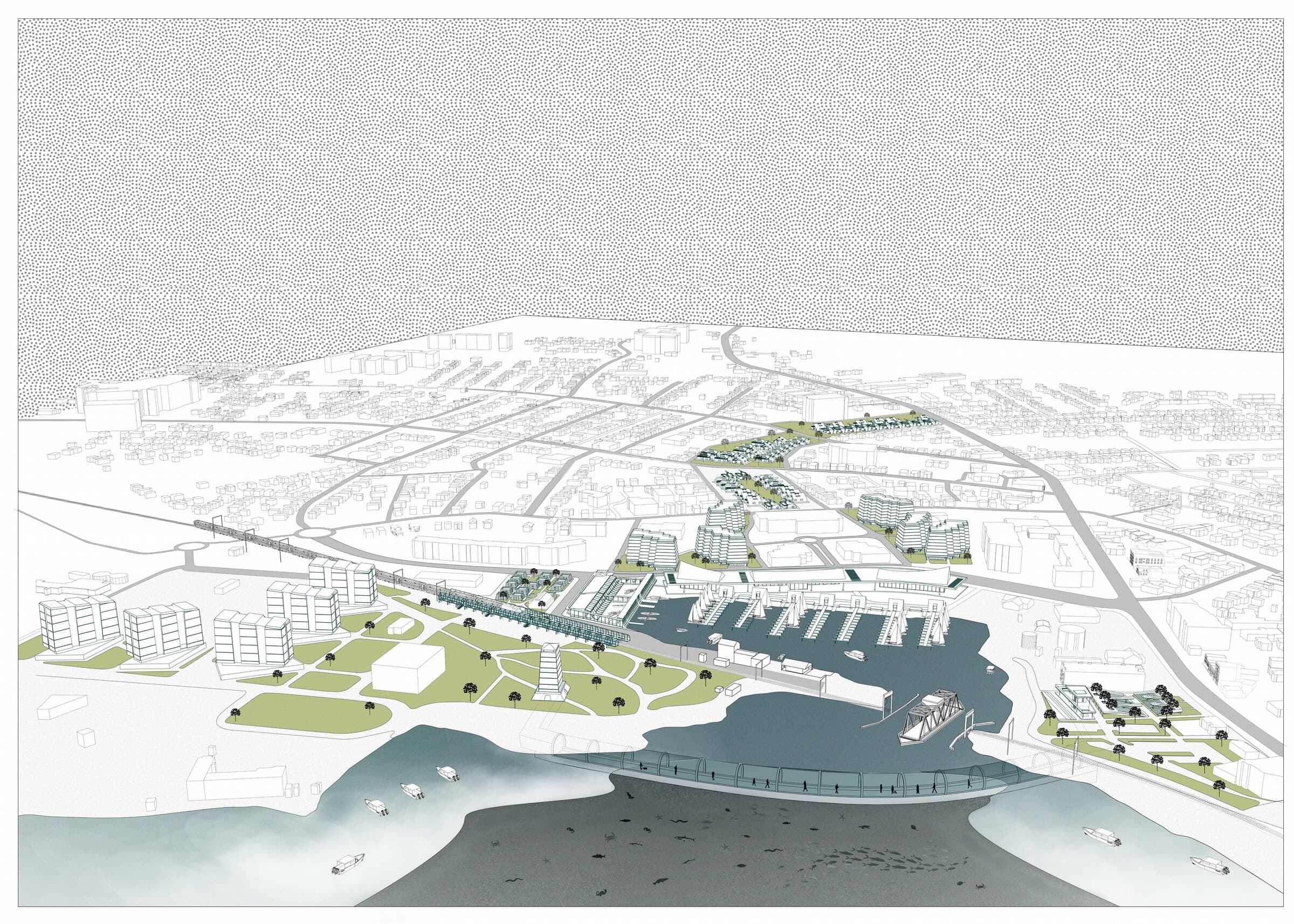 Aerial perspective of the full phased masterplan in its urban context, with housing, marina, public realm, and the tide-walk arranged around the cove.